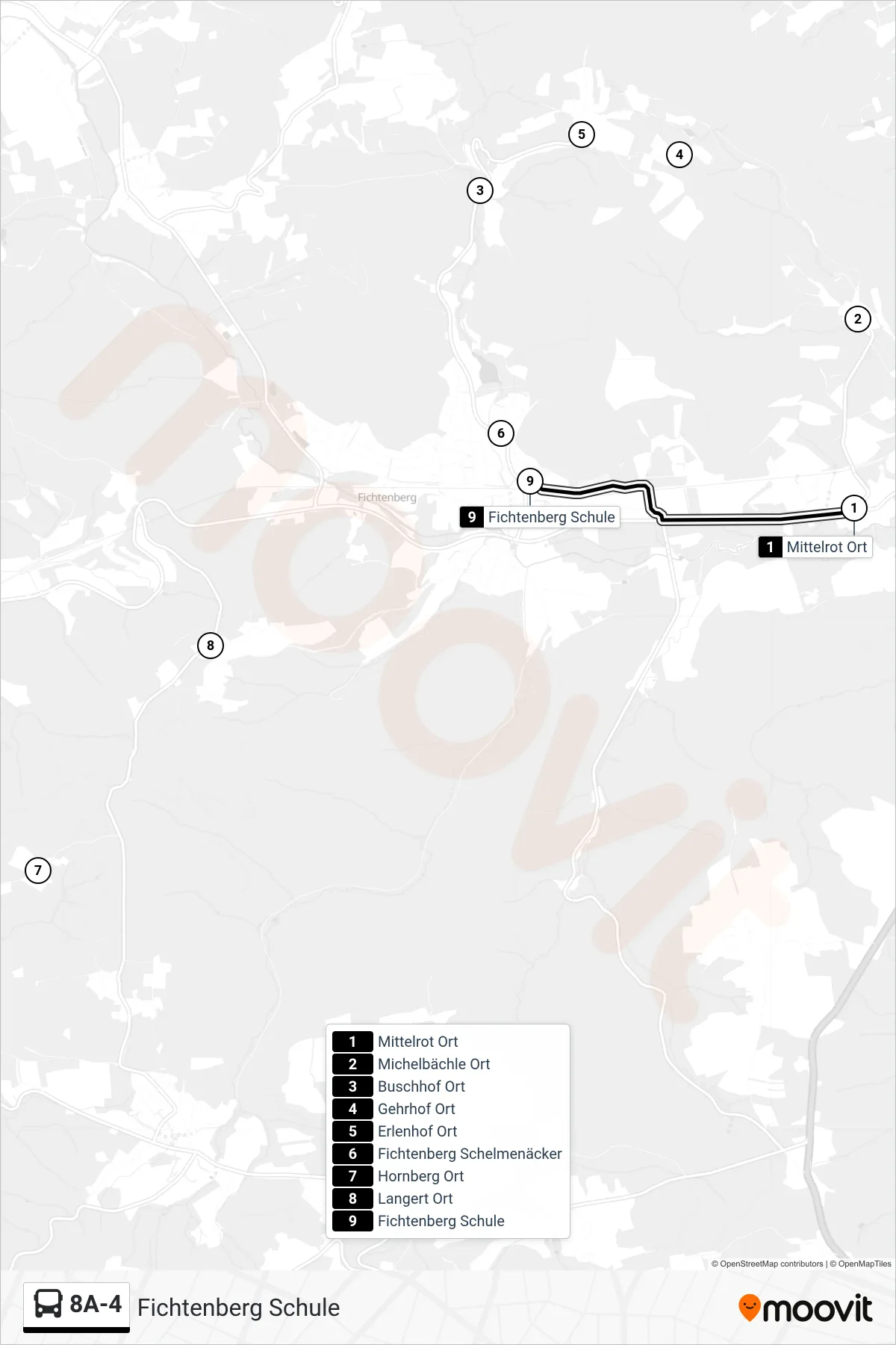 Linie 8A-4 (Bus) Richtung Fichtenberg Schule: Route und Haltestellen auf der Karte