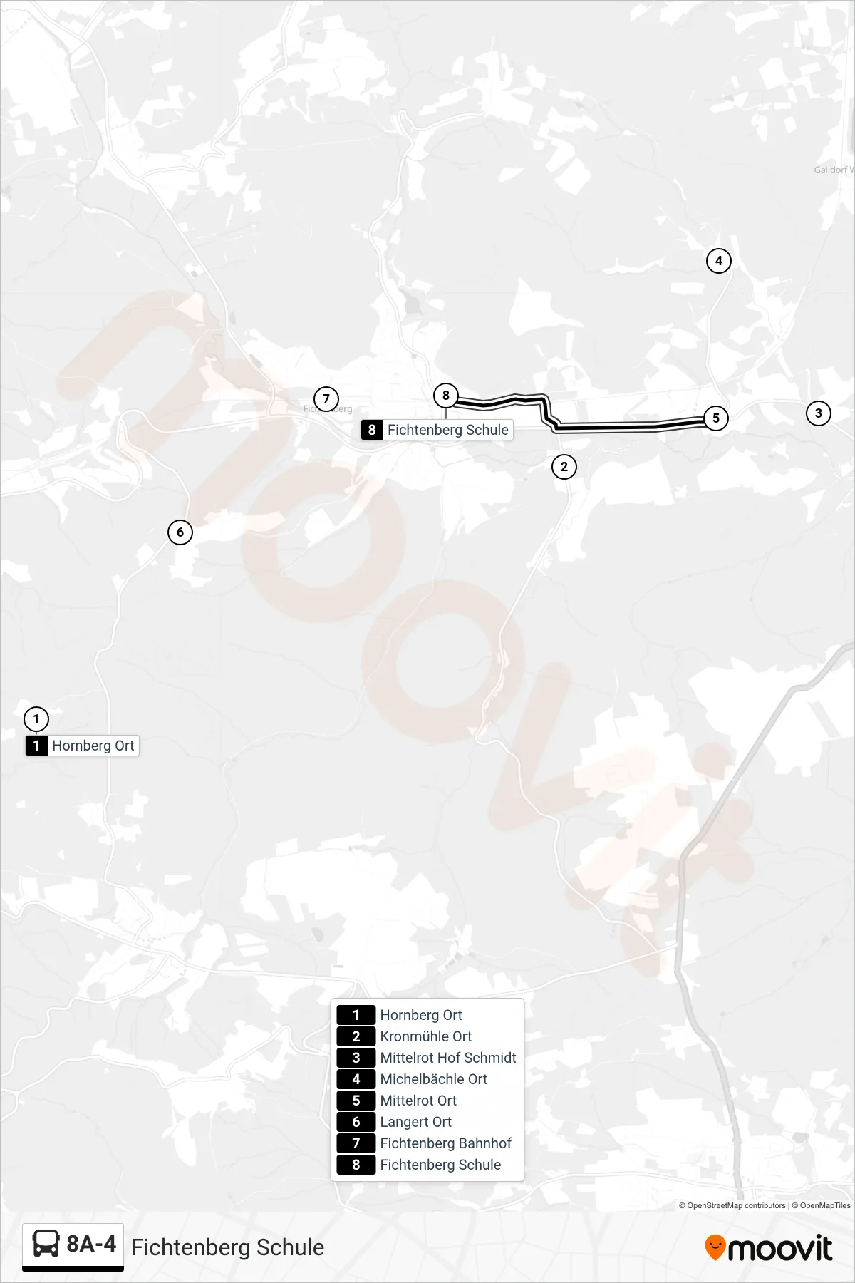 Linie 8A-4 (Bus) Richtung Fichtenberg Schule: Route und Haltestellen auf der Karte