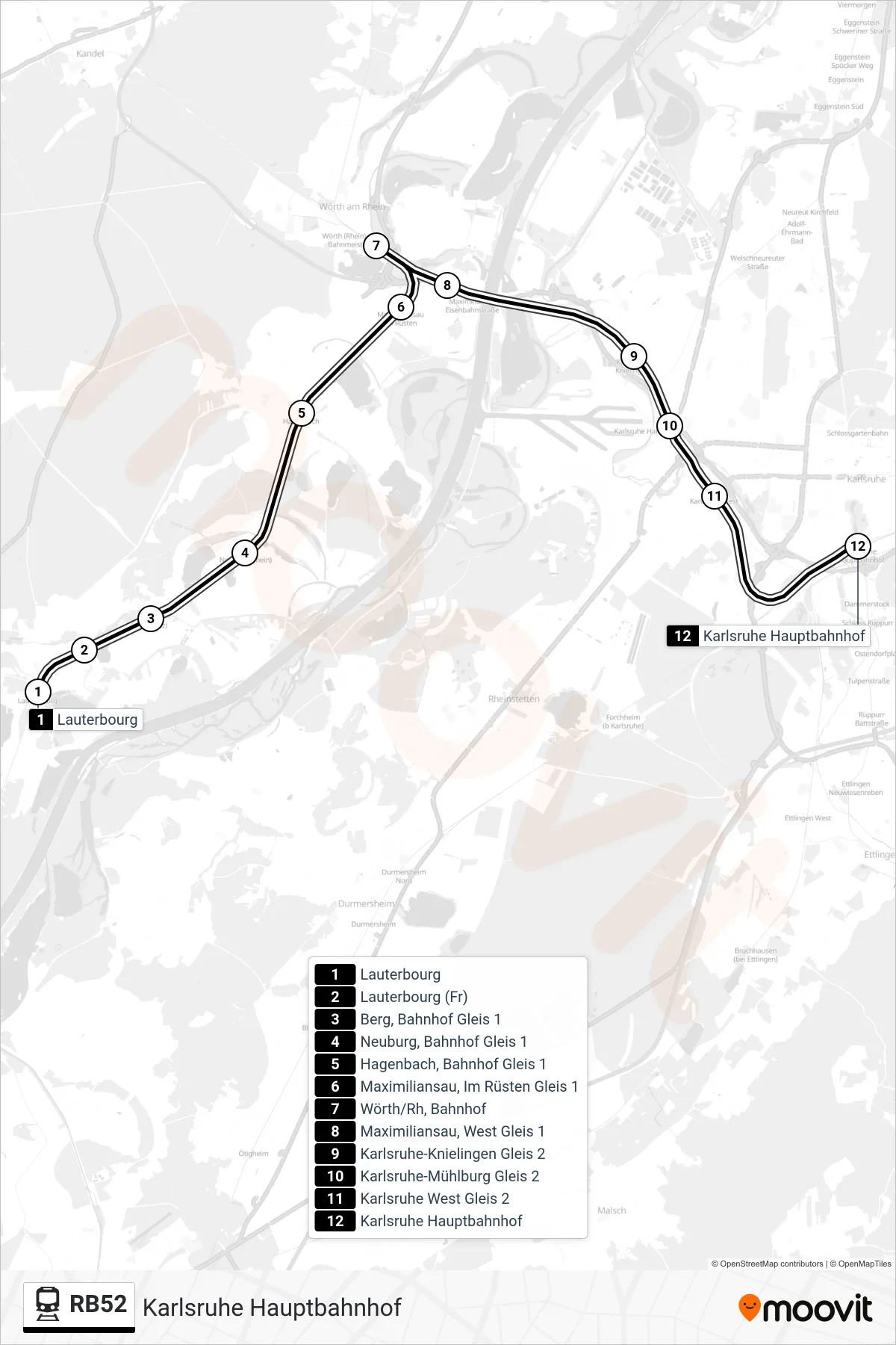 RB52 tram Line (Karlsruhe Hauptbahnhof) route and stops on a map