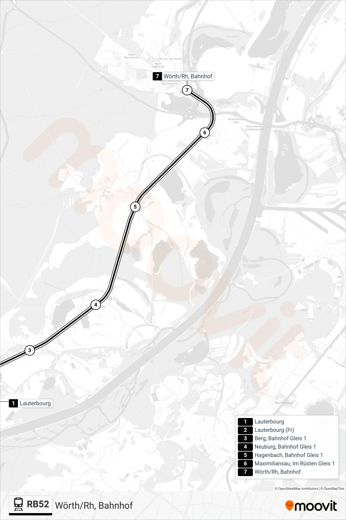Linie RB52 (Tram) Richtung Wörth/Rh, Bahnhof: Route und Haltestellen auf der Karte