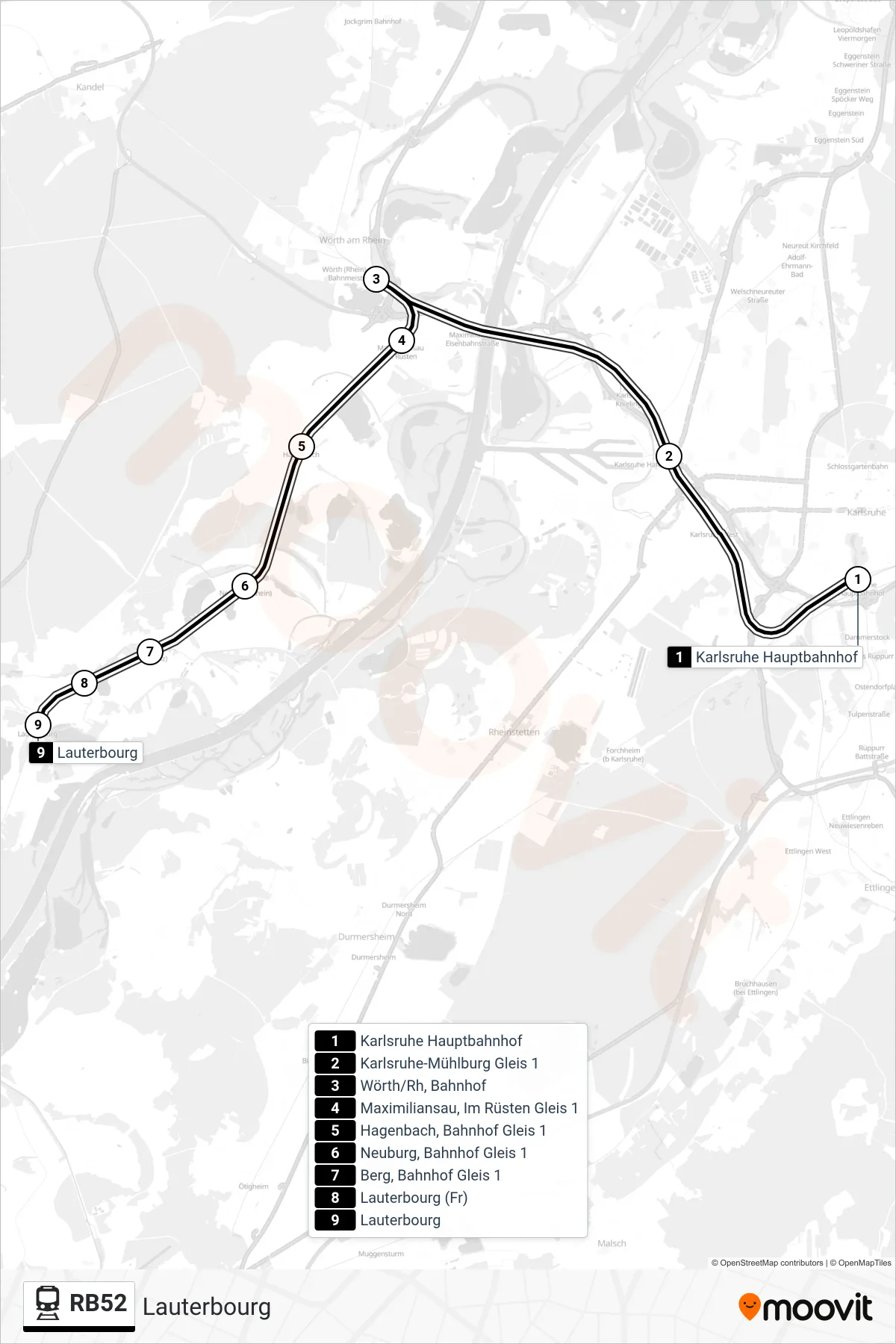RB52 tram Line (Lauterbourg) route and stops on a map