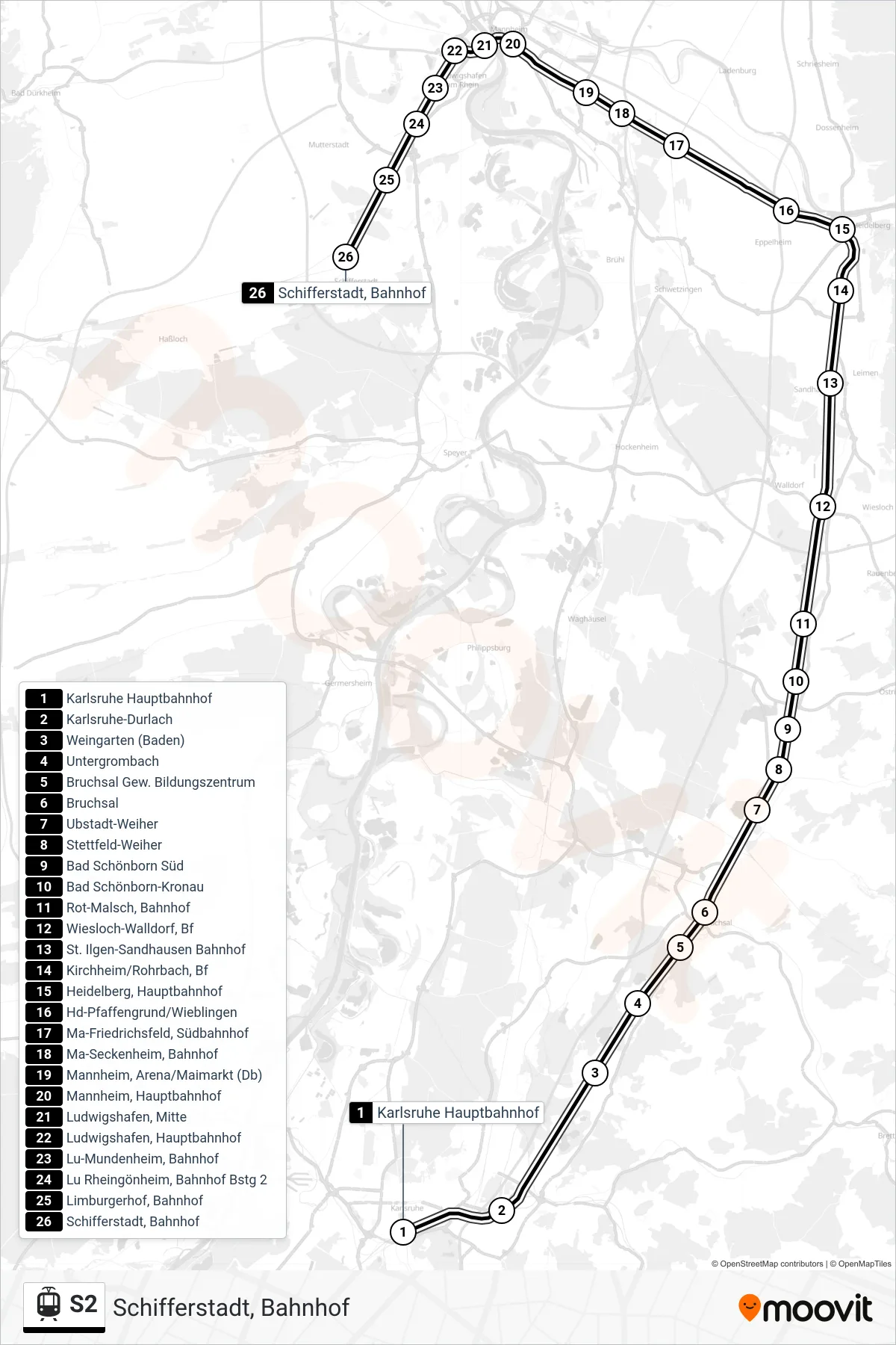 S2 light rail Line (Schifferstadt, Bahnhof) route and stops on a map