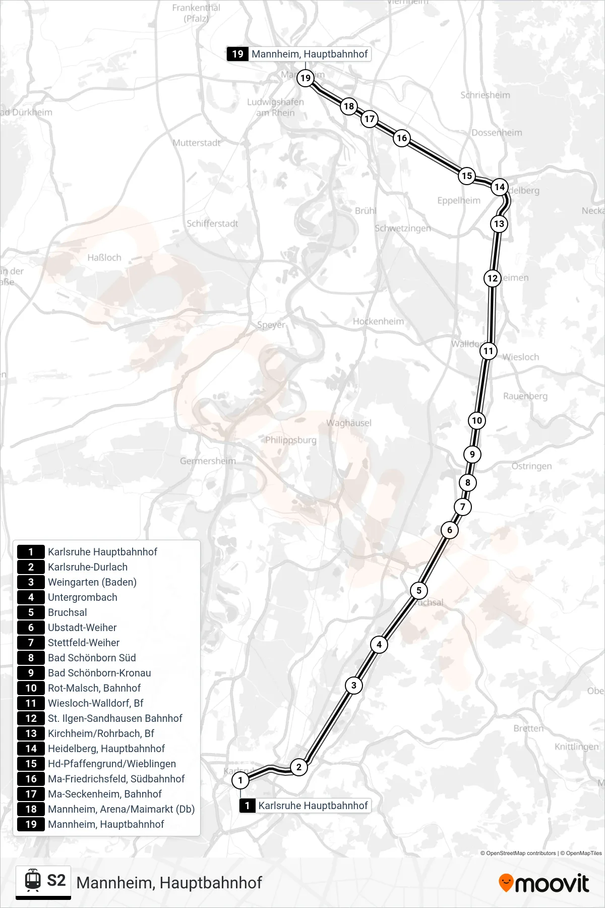 S2 light rail Line (Mannheim, Hauptbahnhof) route and stops on a map