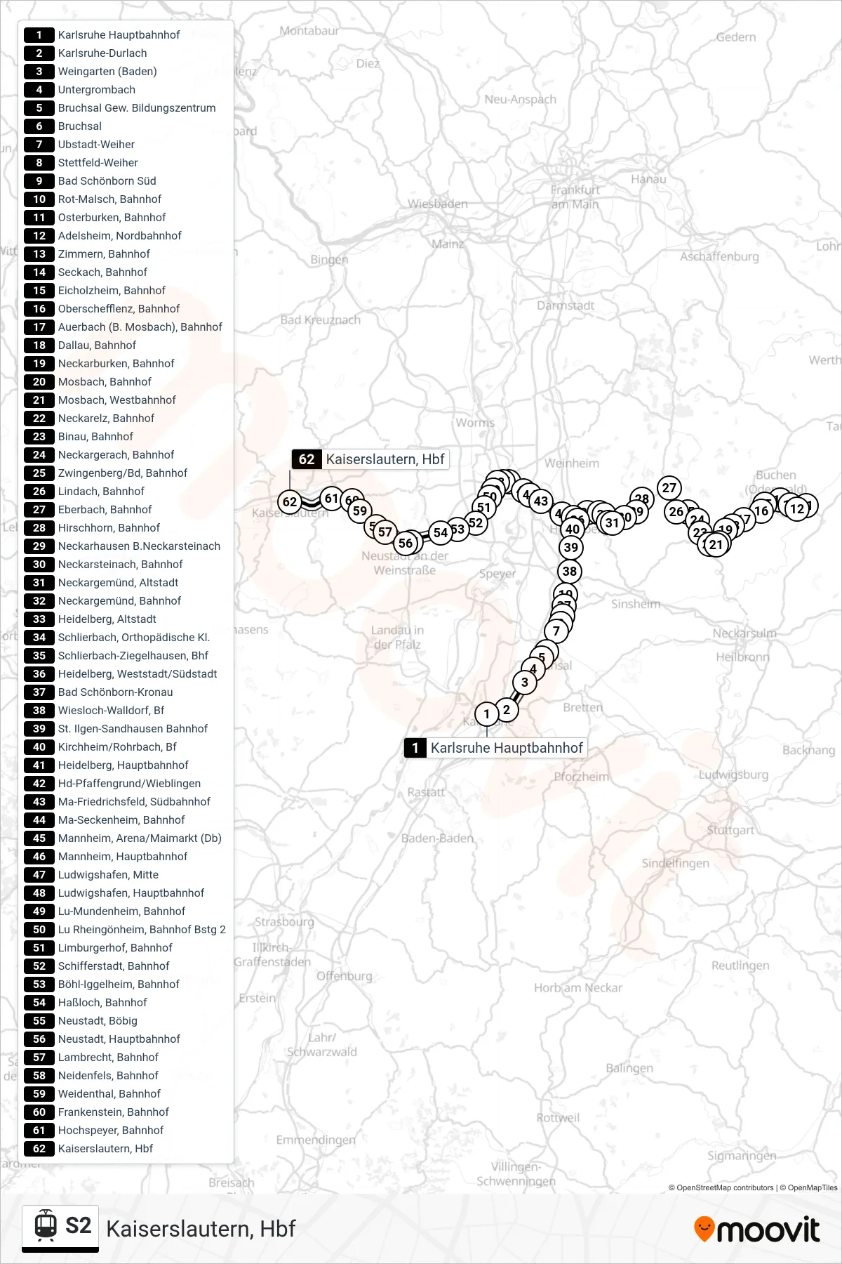 S2 light rail Line (Kaiserslautern, Hbf) route and stops on a map