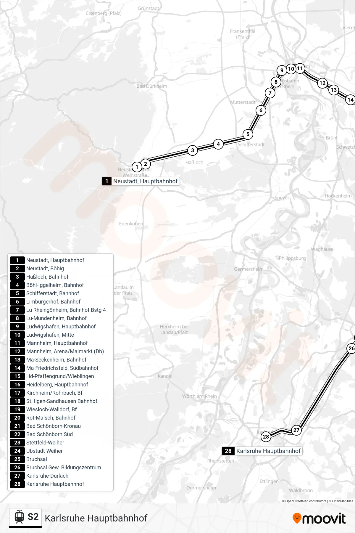 Linie S2 (Straßenbahn) Richtung Karlsruhe Hauptbahnhof: Route und Haltestellen auf der Karte