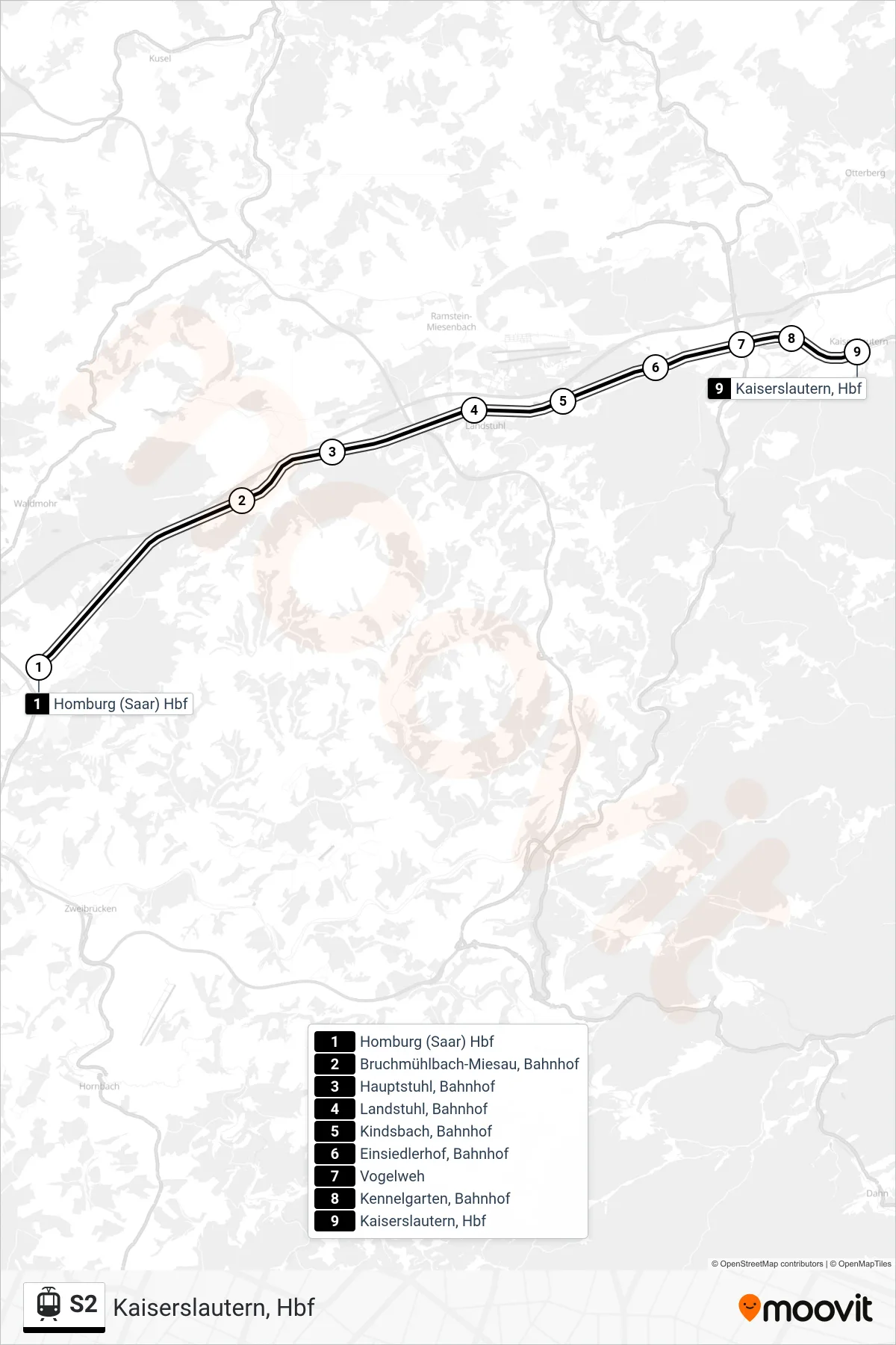 S2 light rail Line (Kaiserslautern, Hbf) route and stops on a map