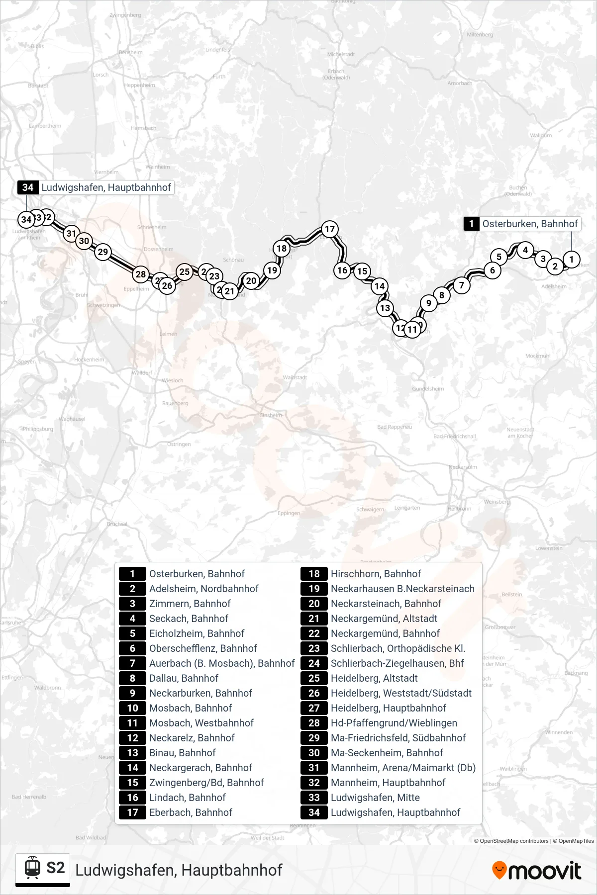 Linie S2 (Straßenbahn) Richtung Ludwigshafen, Hauptbahnhof: Route und Haltestellen auf der Karte