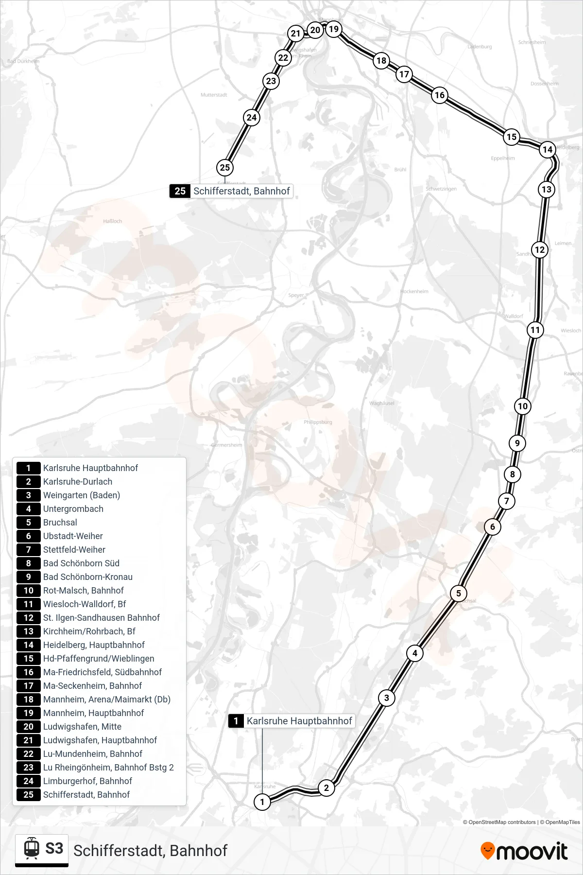 S3 light rail Line (Schifferstadt, Bahnhof) route and stops on a map
