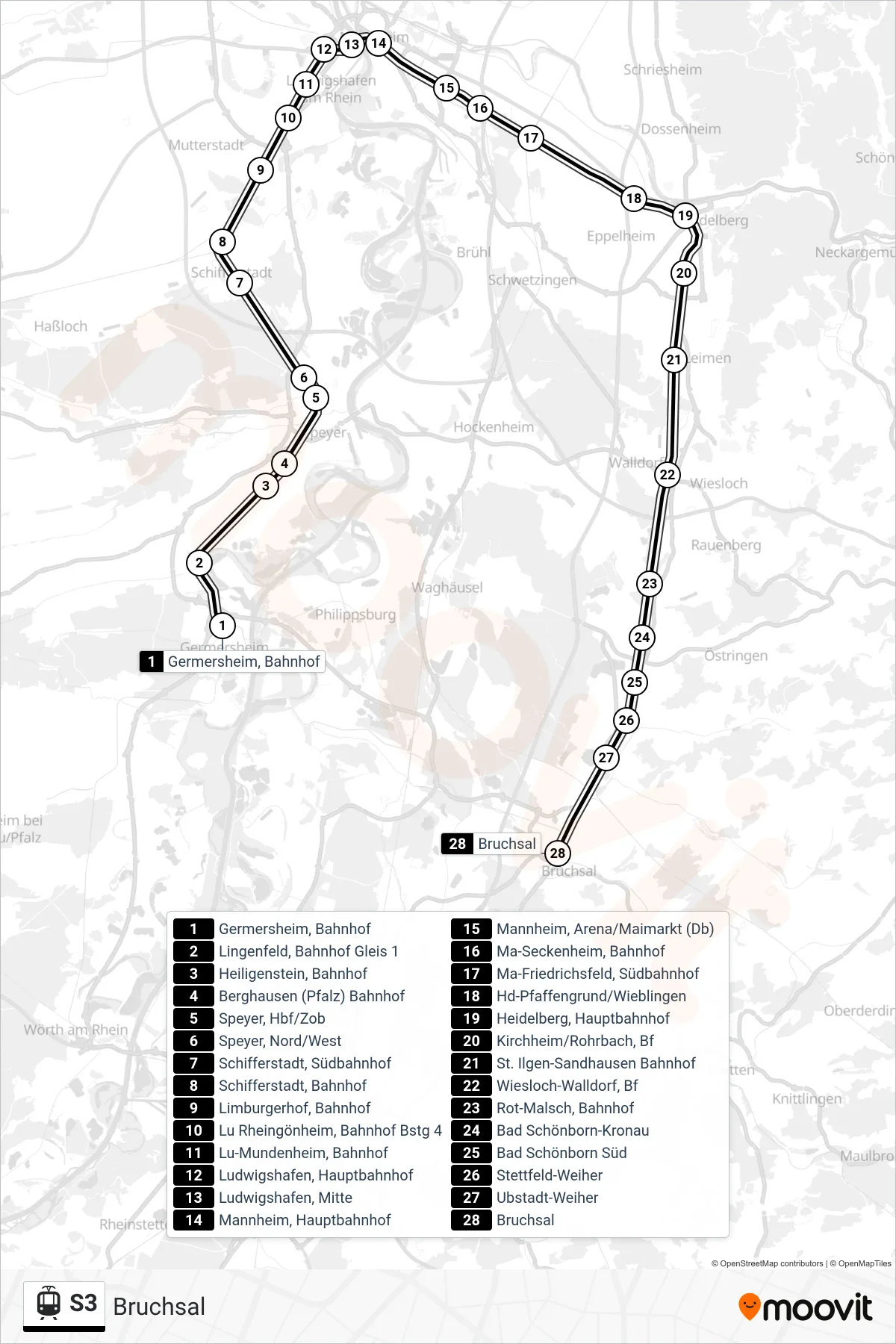 S3 light rail Line (Bruchsal) route and stops on a map