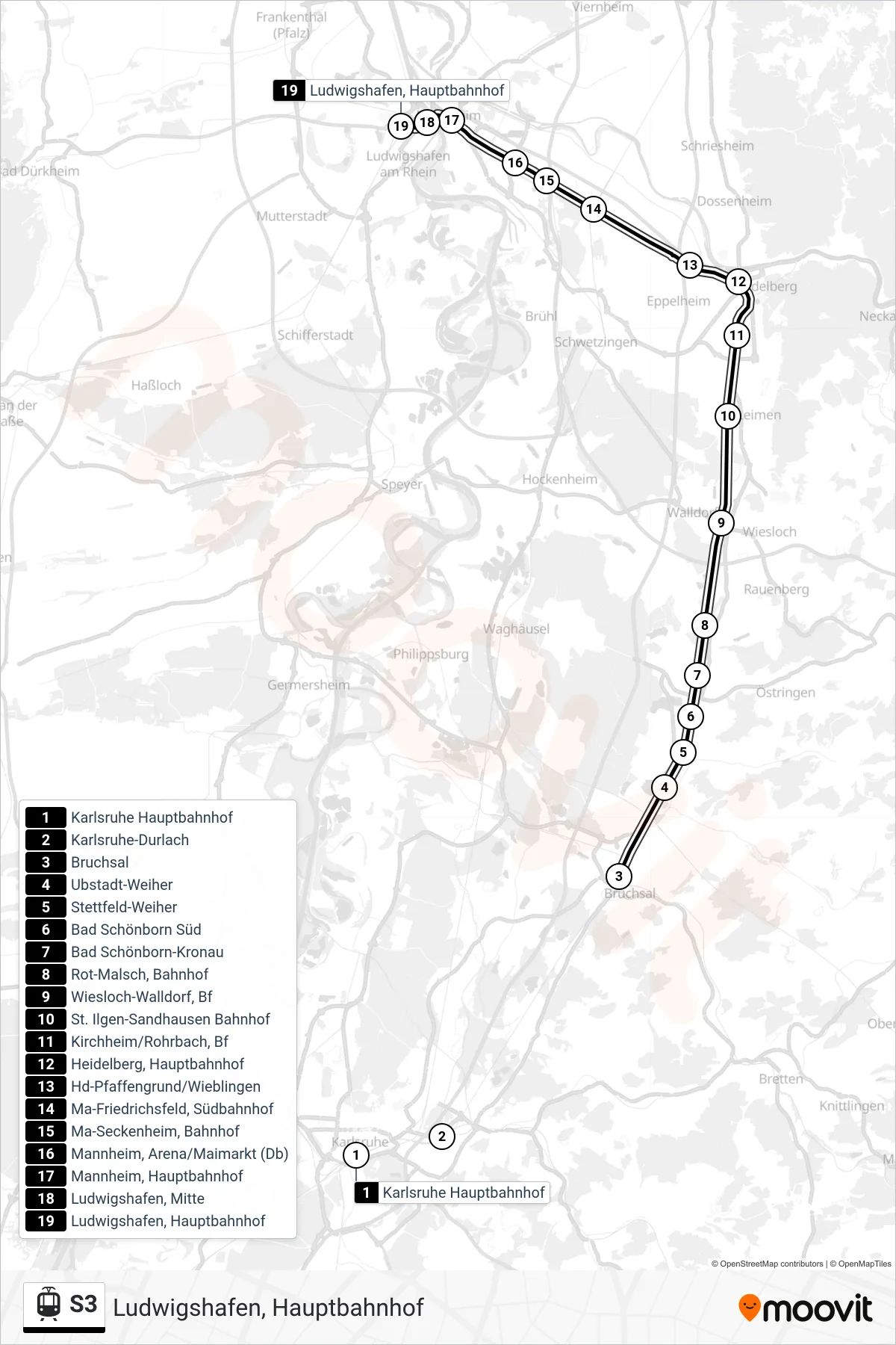 S3 light rail Line (Ludwigshafen, Hauptbahnhof) route and stops on a map