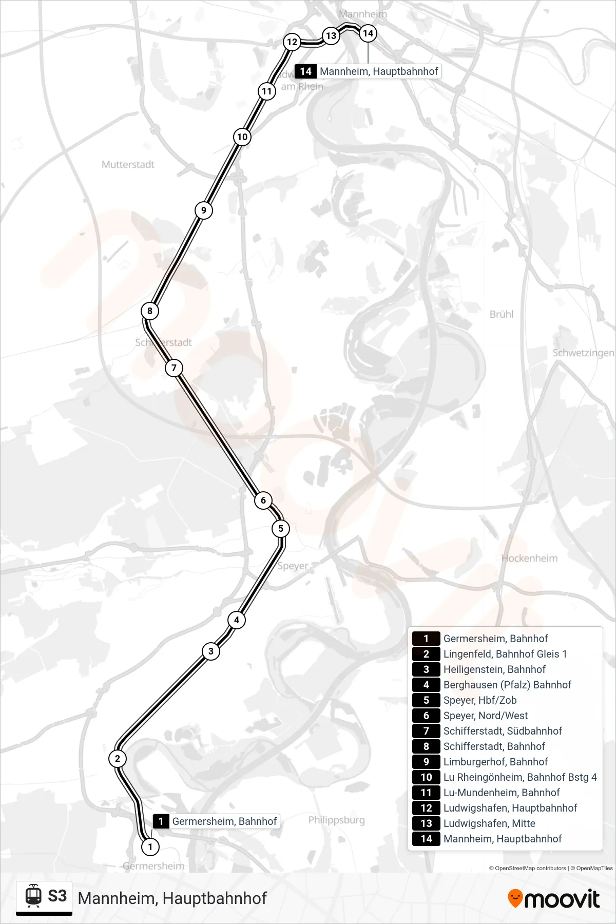 S3 tram Line (Mannheim, Hauptbahnhof) route and stops on a map