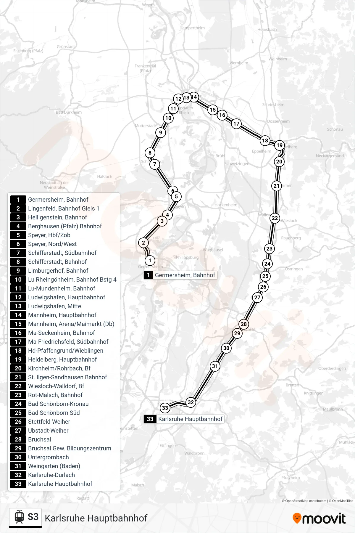 S3 light rail Line (Karlsruhe Hauptbahnhof) route and stops on a map