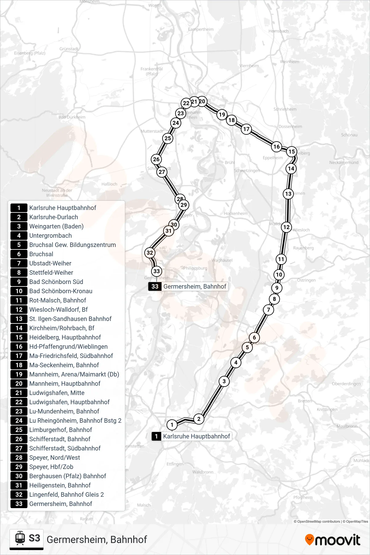 S3 tram Line (Germersheim, Bahnhof) route and stops on a map