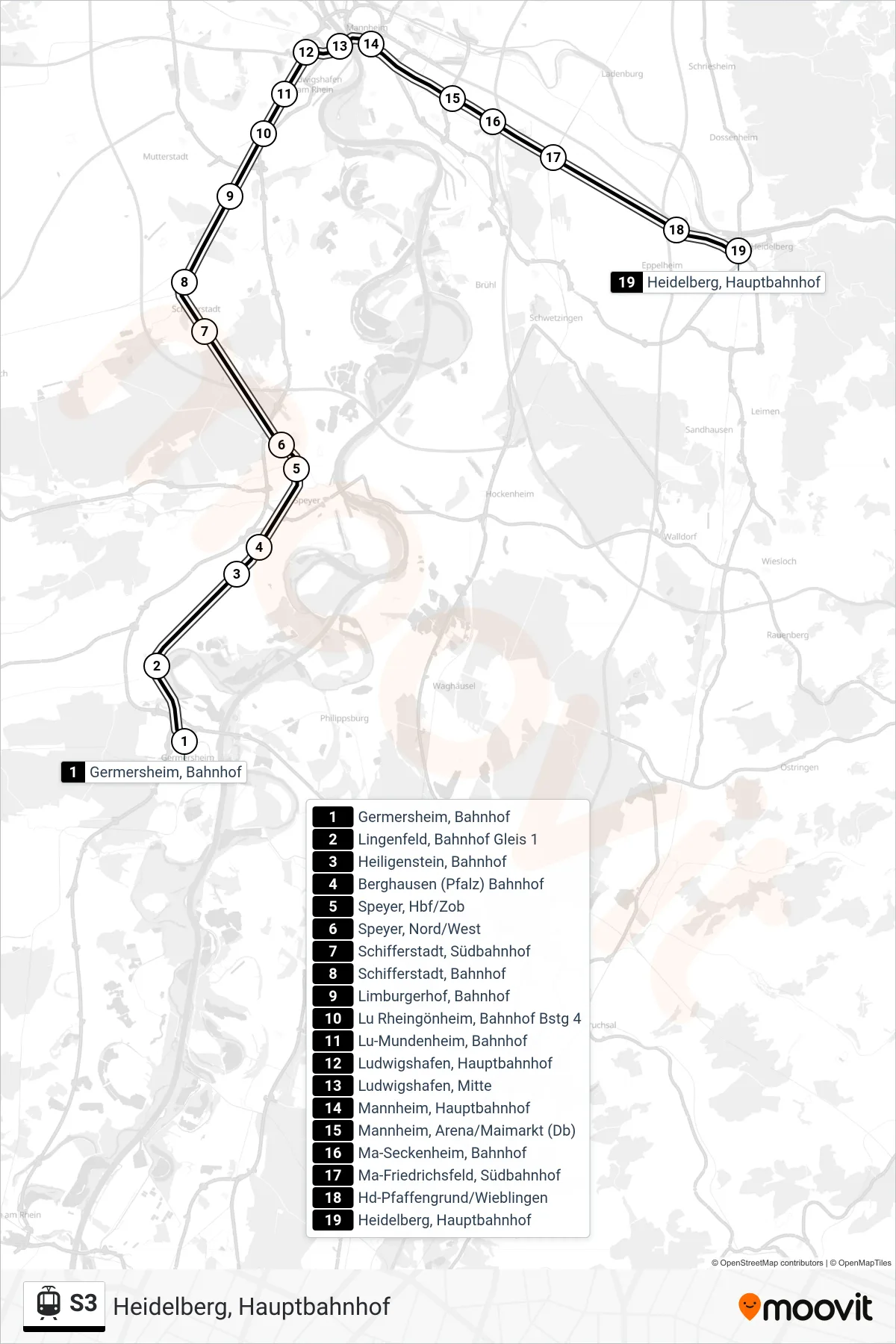 Linie S3 (Straßenbahn) Richtung Heidelberg, Hauptbahnhof: Route und Haltestellen auf der Karte