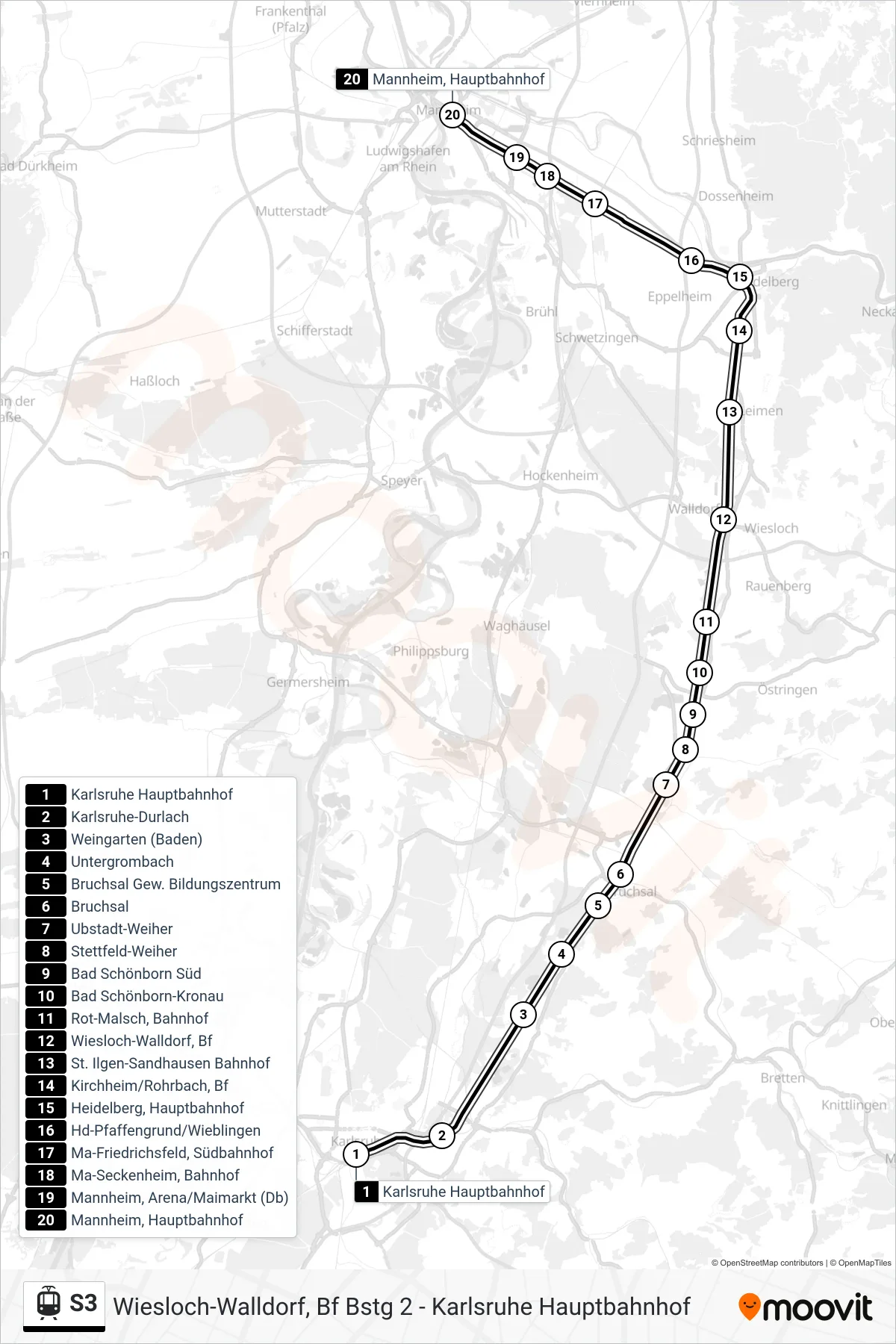 S3 light rail Line (Mannheim, Hauptbahnhof) route and stops on a map