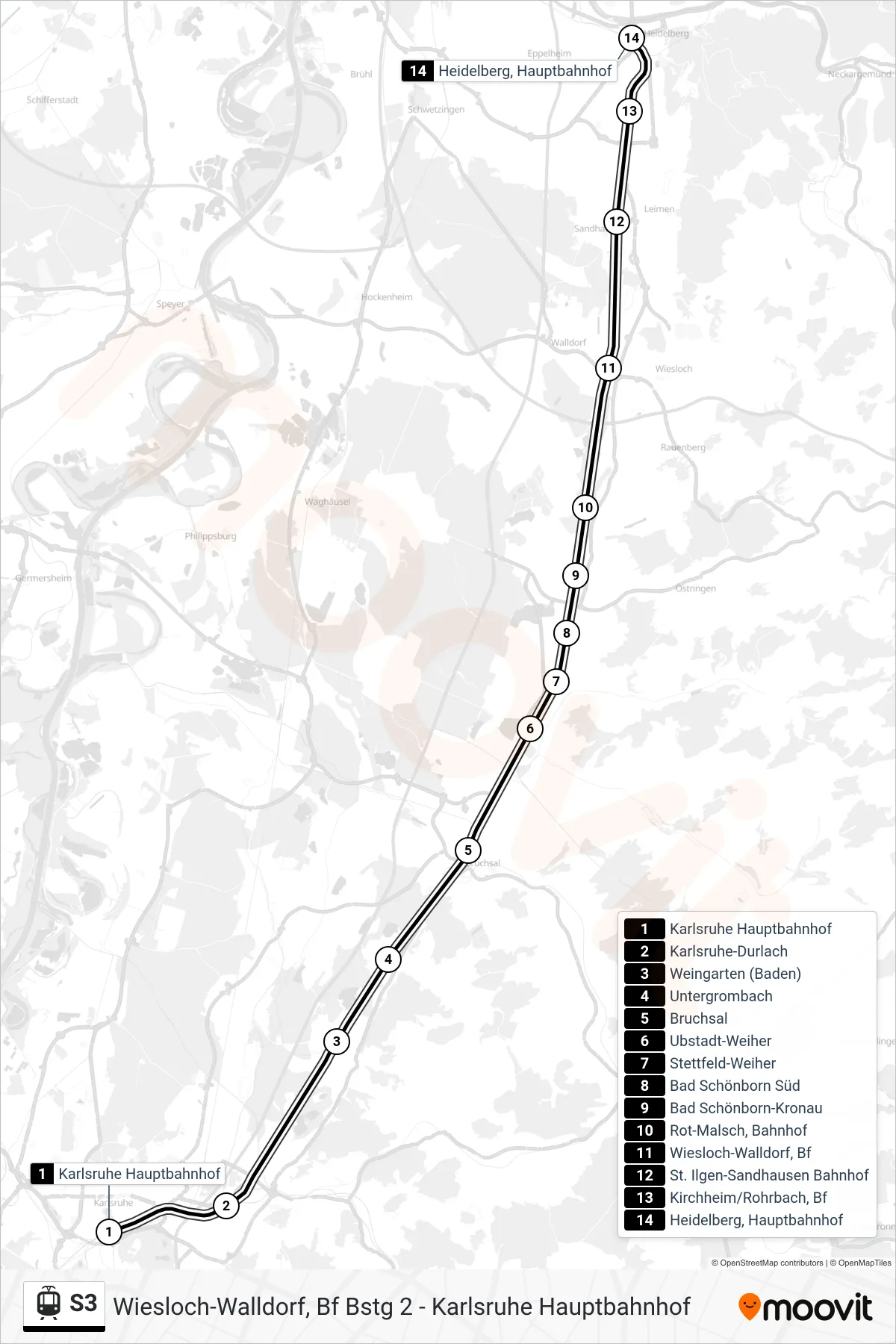 S3 light rail Line (Heidelberg, Hauptbahnhof) route and stops on a map