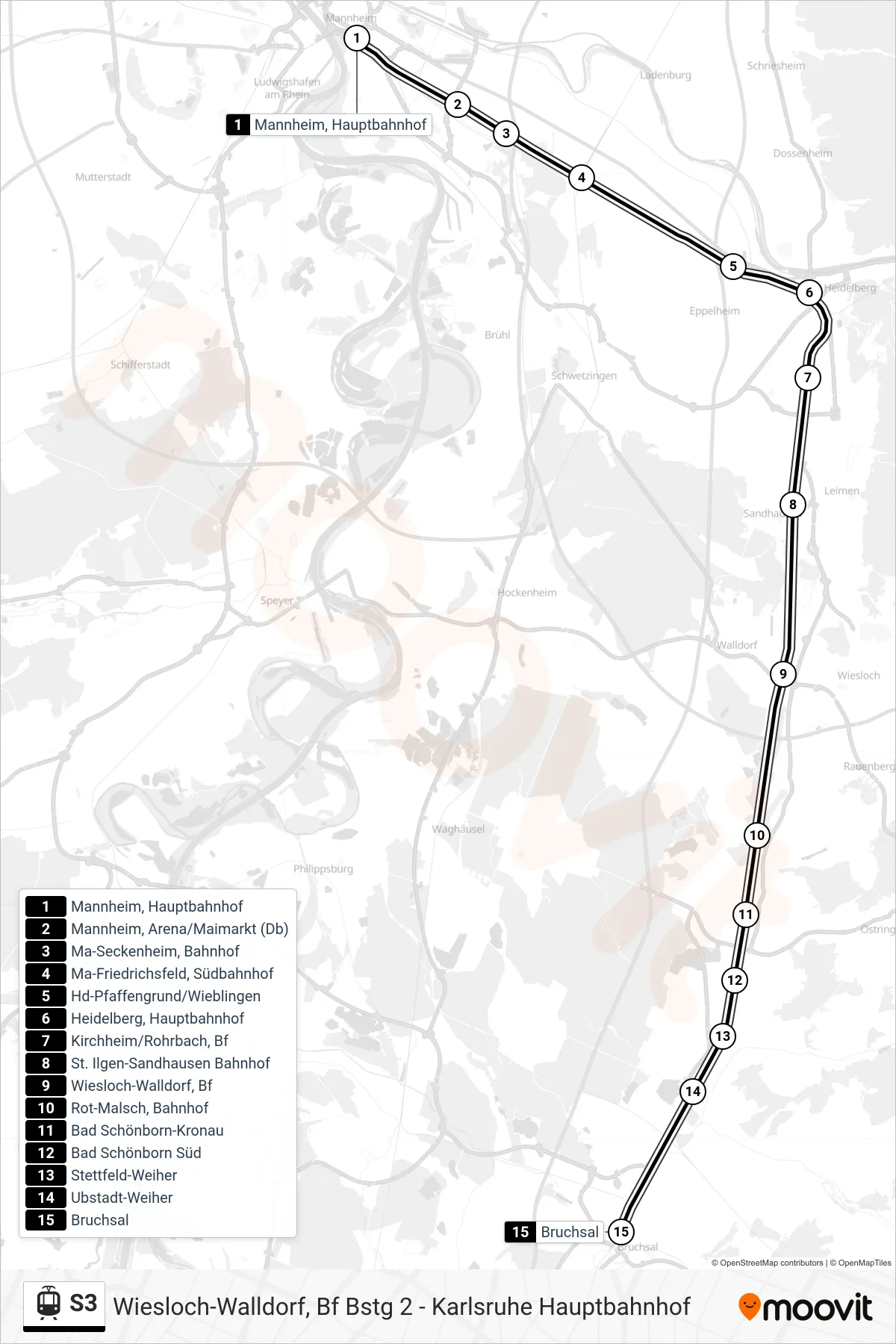 S3 light rail Line (Bruchsal) route and stops on a map