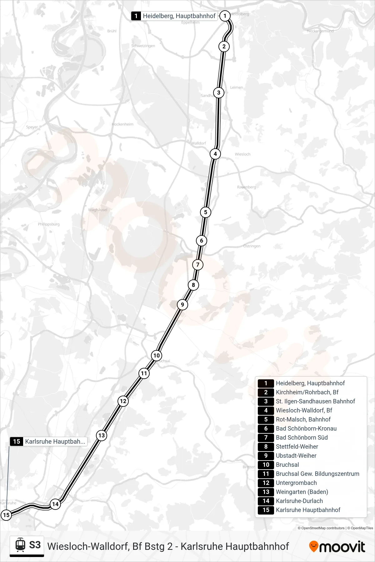 Linie S3 (Straßenbahn) Richtung Karlsruhe Hauptbahnhof: Route und Haltestellen auf der Karte