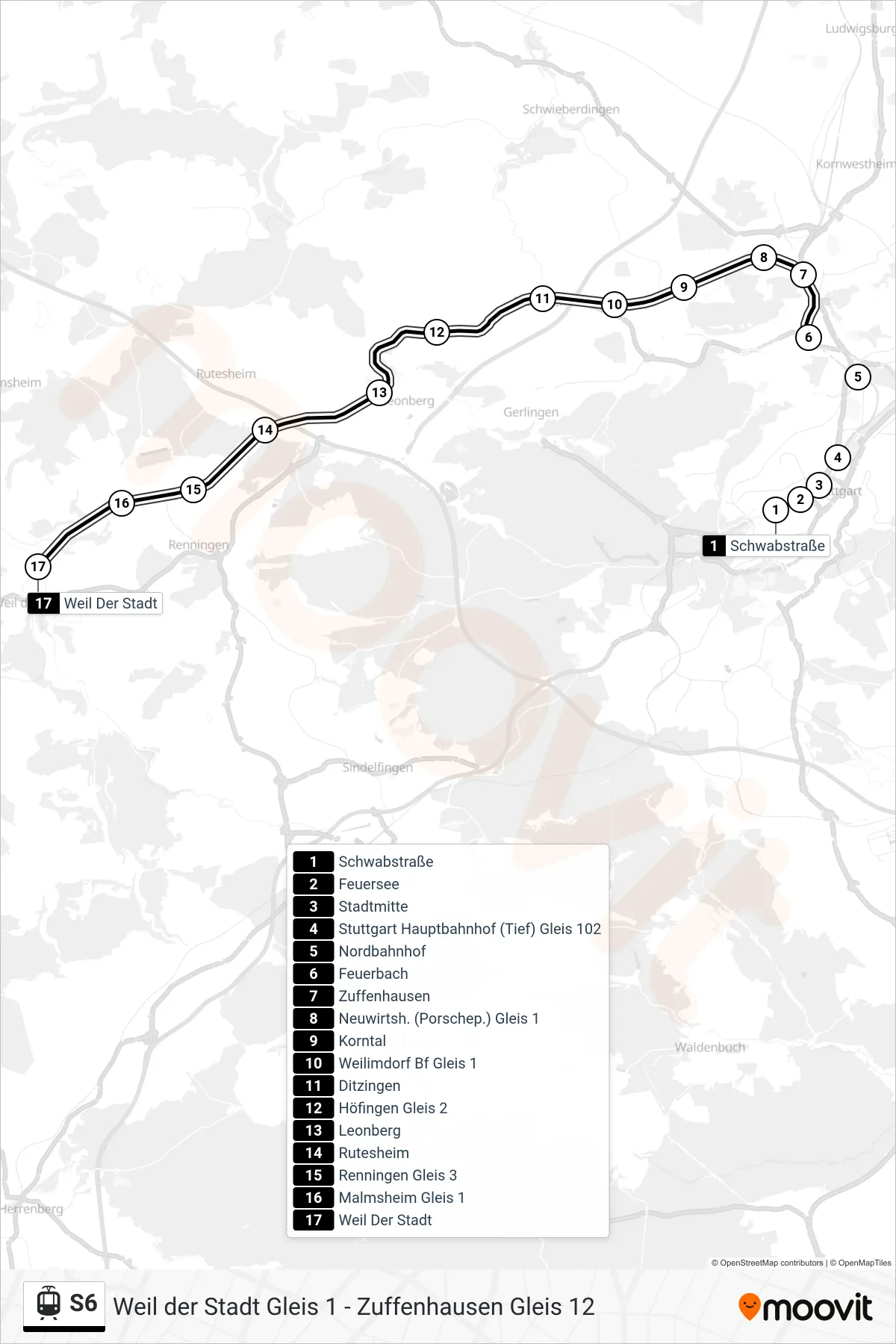 Linie S6 (Tram) Richtung Weil Der Stadt: Route und Haltestellen auf der Karte