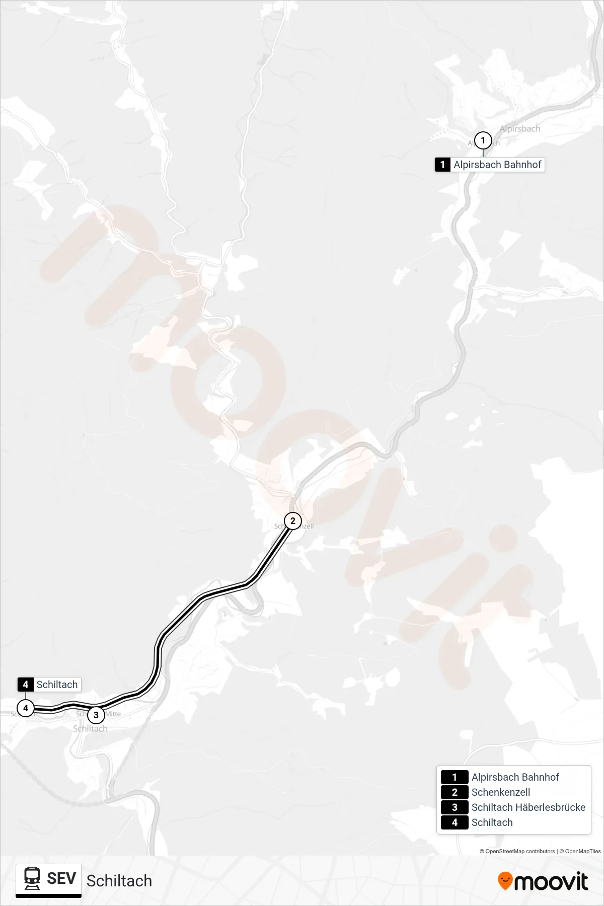 SEV train Line (Schiltach) route and stops on a map