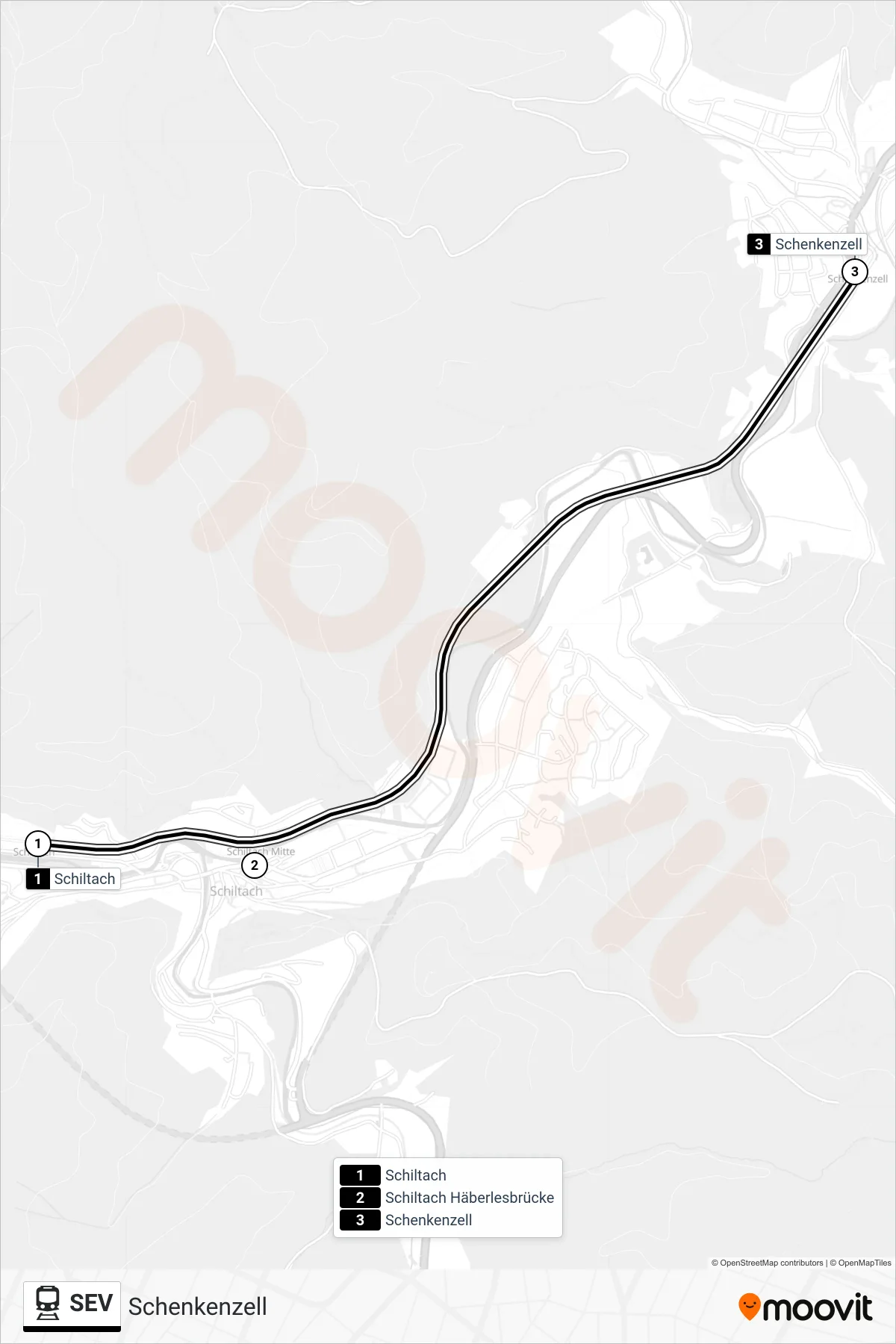 SEV train Line (Schenkenzell) route and stops on a map