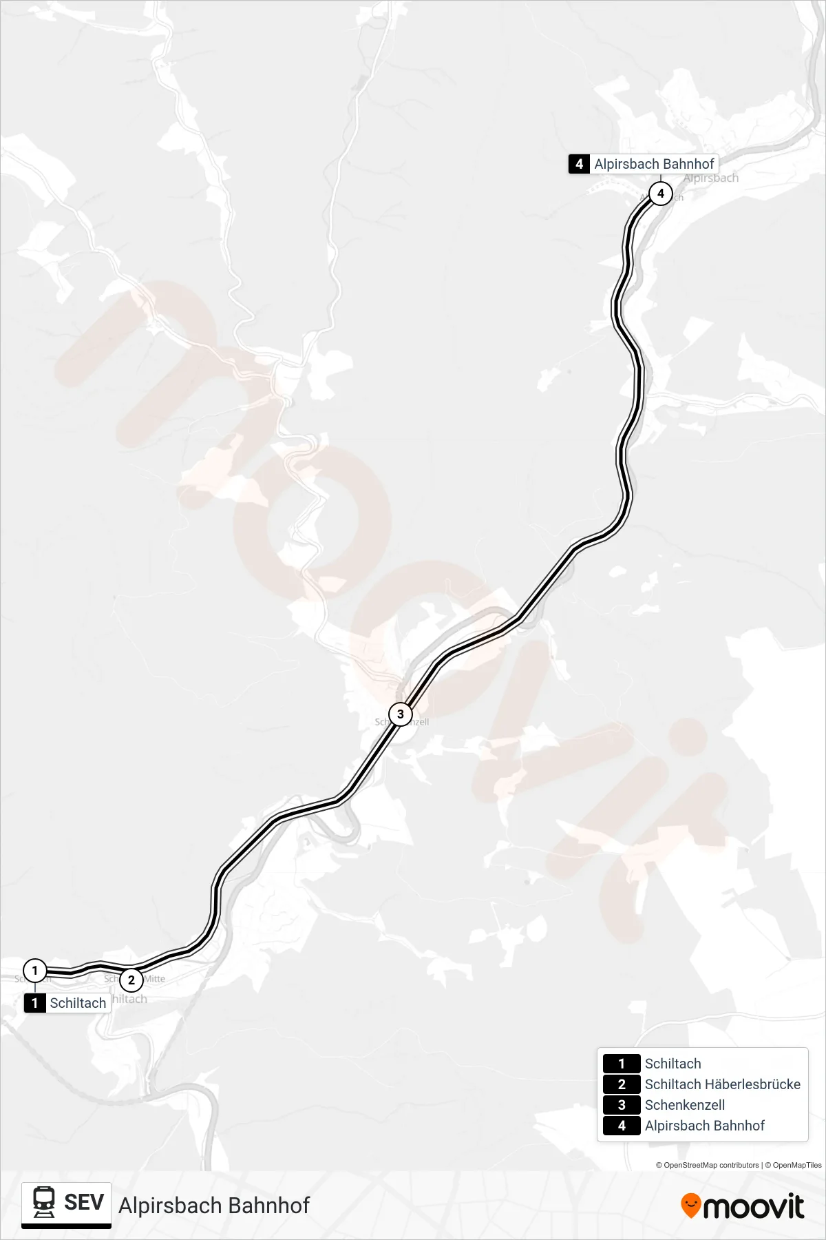 SEV train Line (Alpirsbach Bahnhof) route and stops on a map