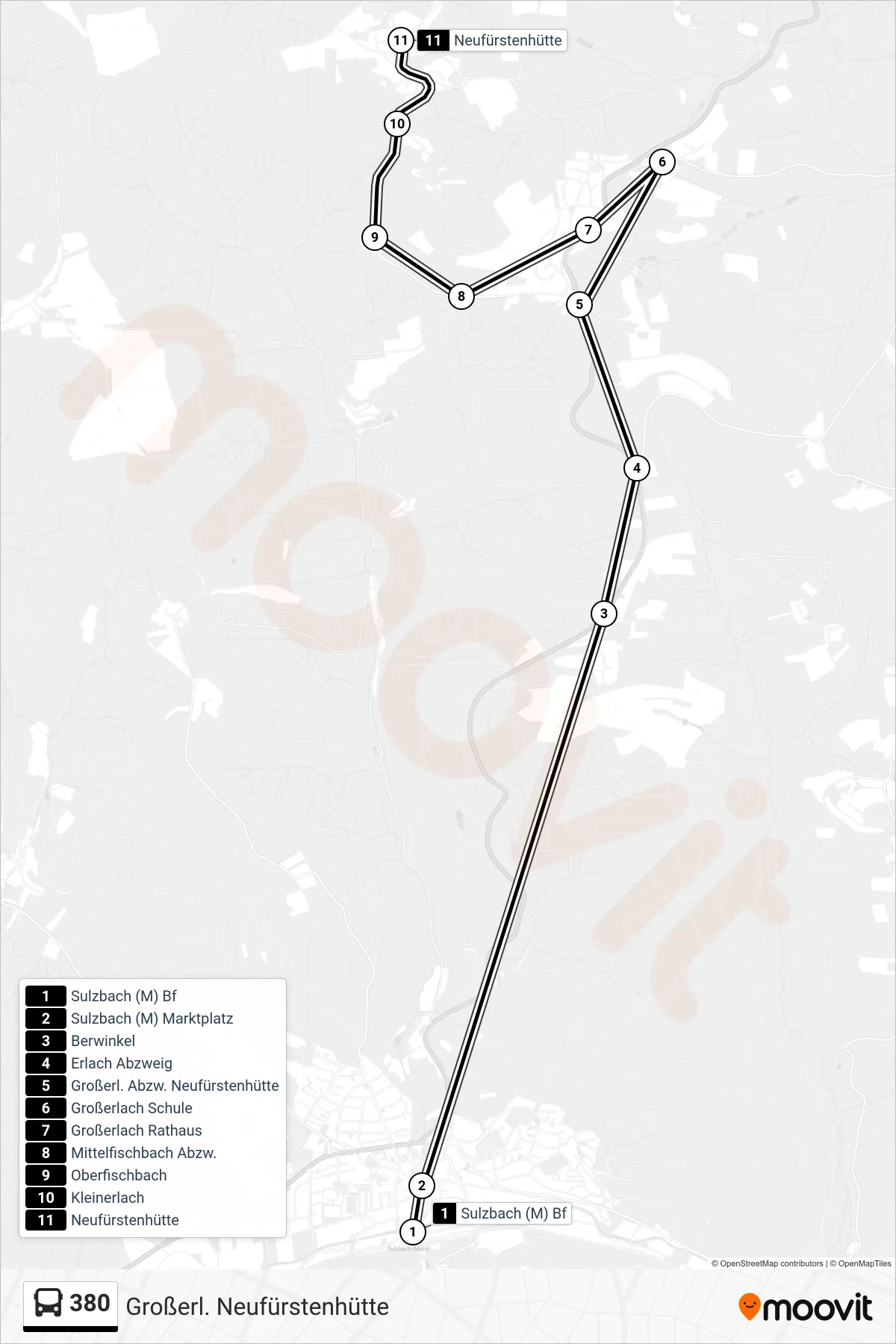380 bus Line (Großerl. Neufürstenhütte) route and stops on a map