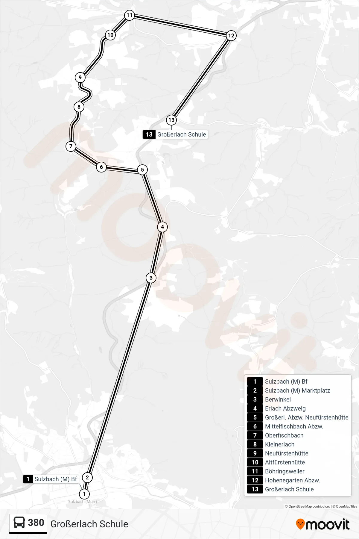380 bus Line (Großerlach Schule) route and stops on a map