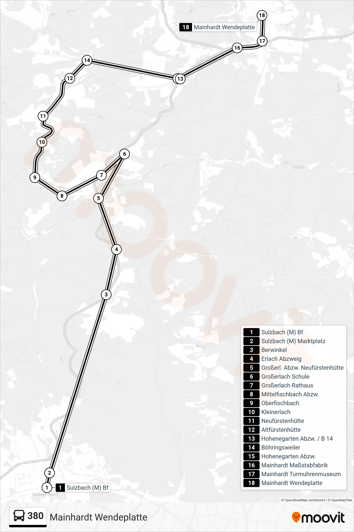 380 bus Line (Mainhardt Wendeplatte) route and stops on a map