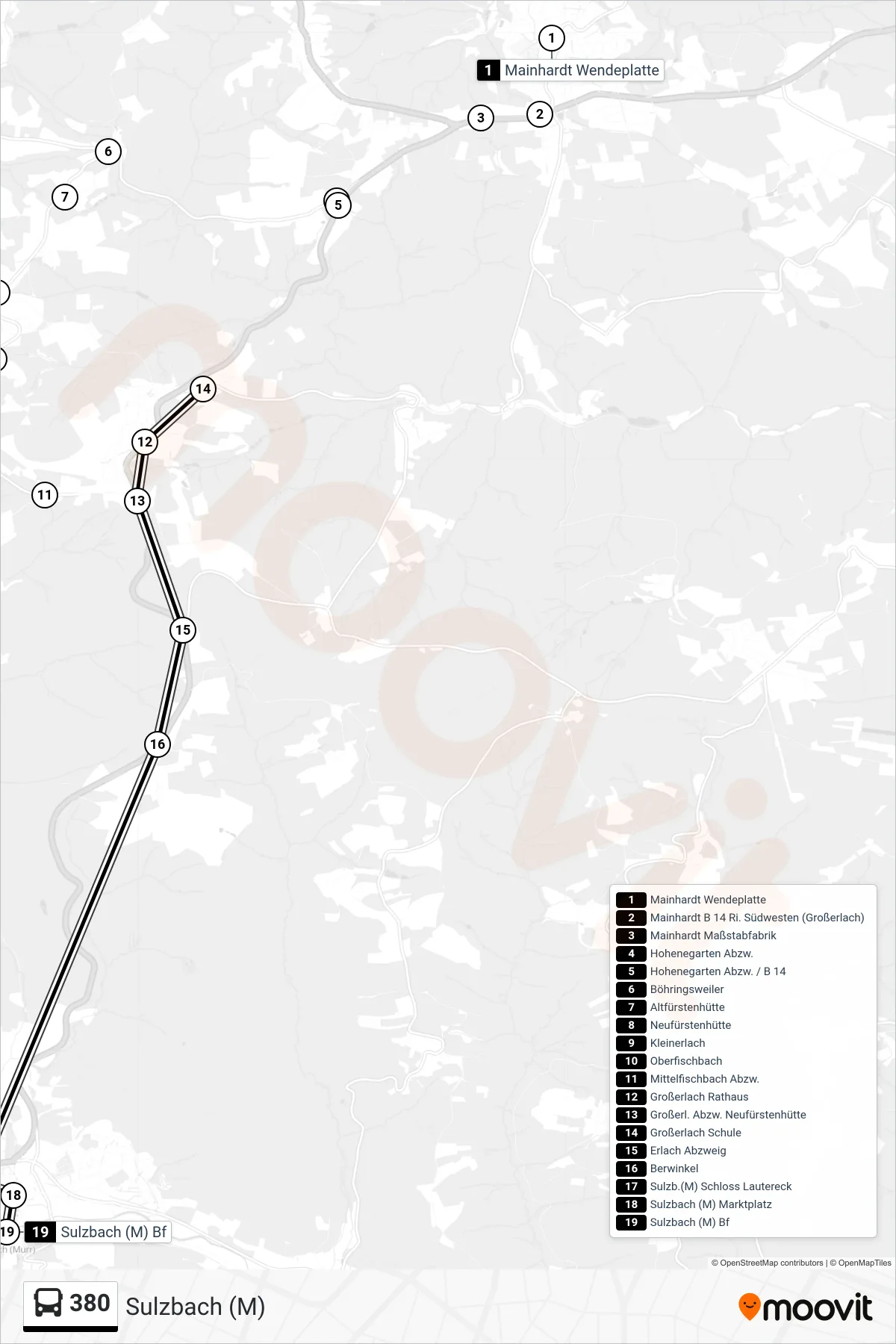 380 bus Line (Sulzbach (M)) route and stops on a map