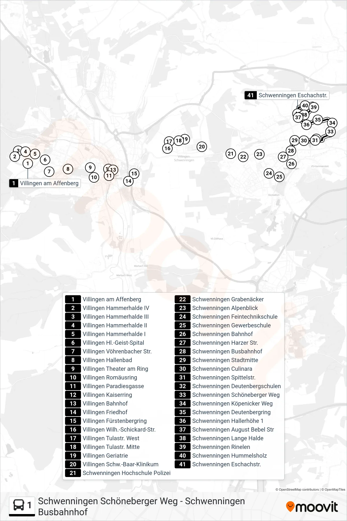 1 bus Line (Schwenningen Eschachstr.) route and stops on a map