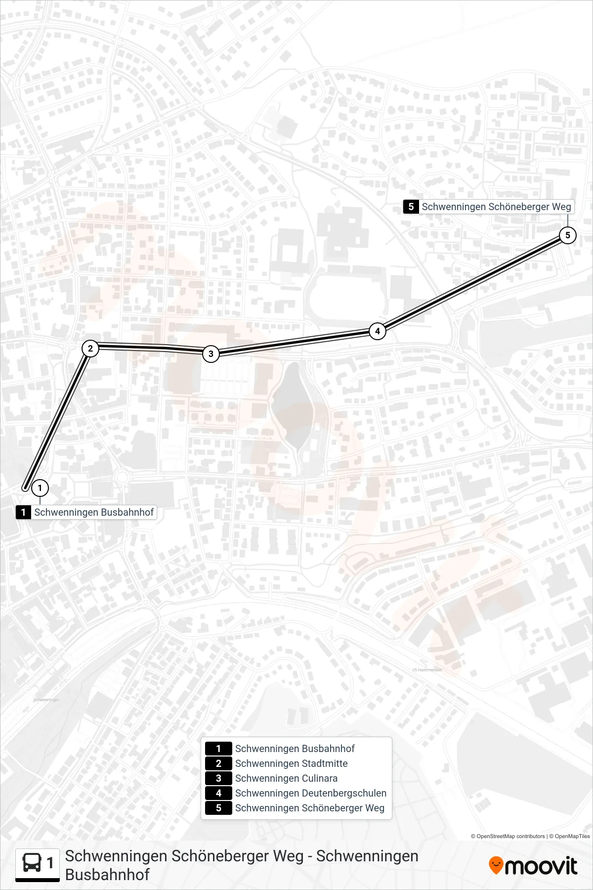 1 bus Line (Schwenningen Schöneberger Weg) route and stops on a map