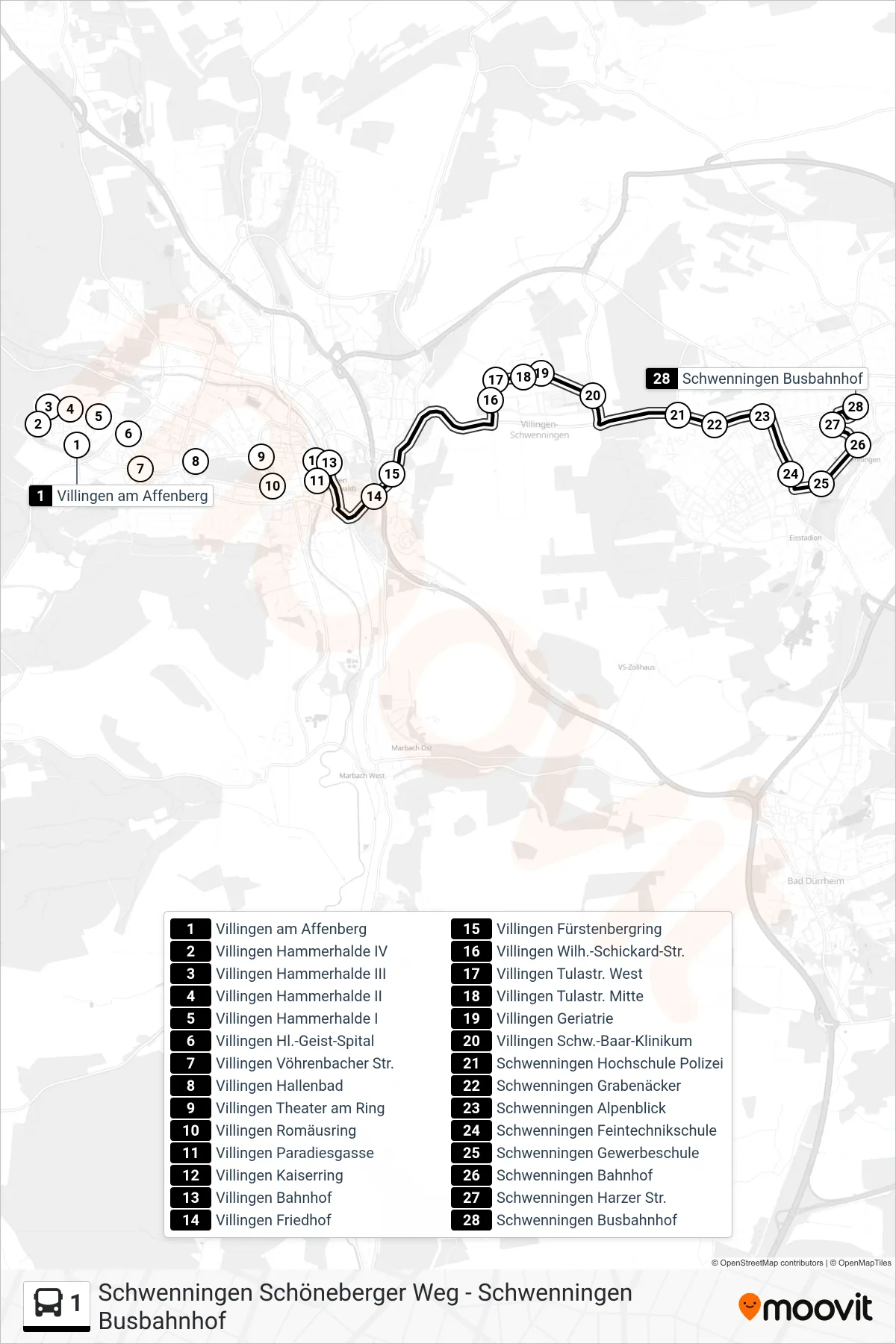 1 bus Line (Schwenningen Busbahnhof) route and stops on a map