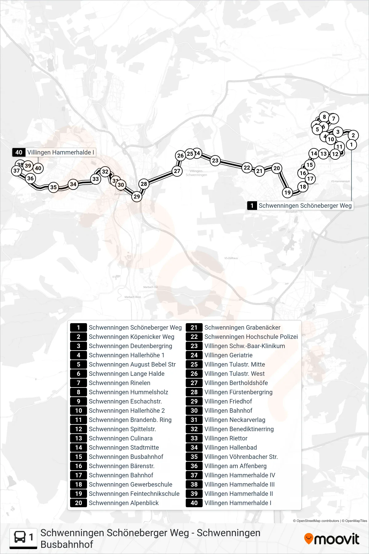 1 bus Line (Villingen Hammerhalde I) route and stops on a map