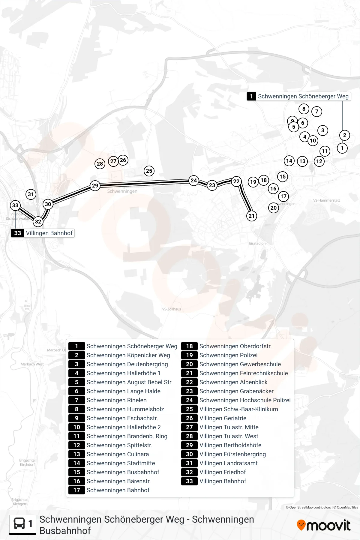 1 bus Line (Villingen Bahnhof) route and stops on a map