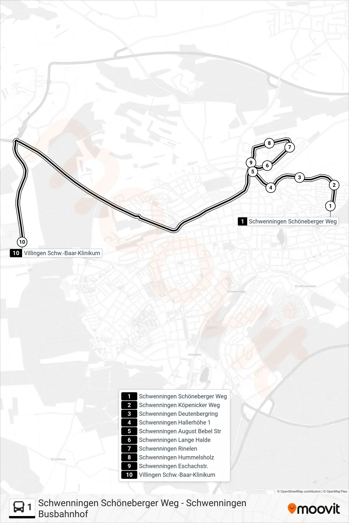 1 bus Line (Villingen Schw.-Baar-Klinikum) route and stops on a map