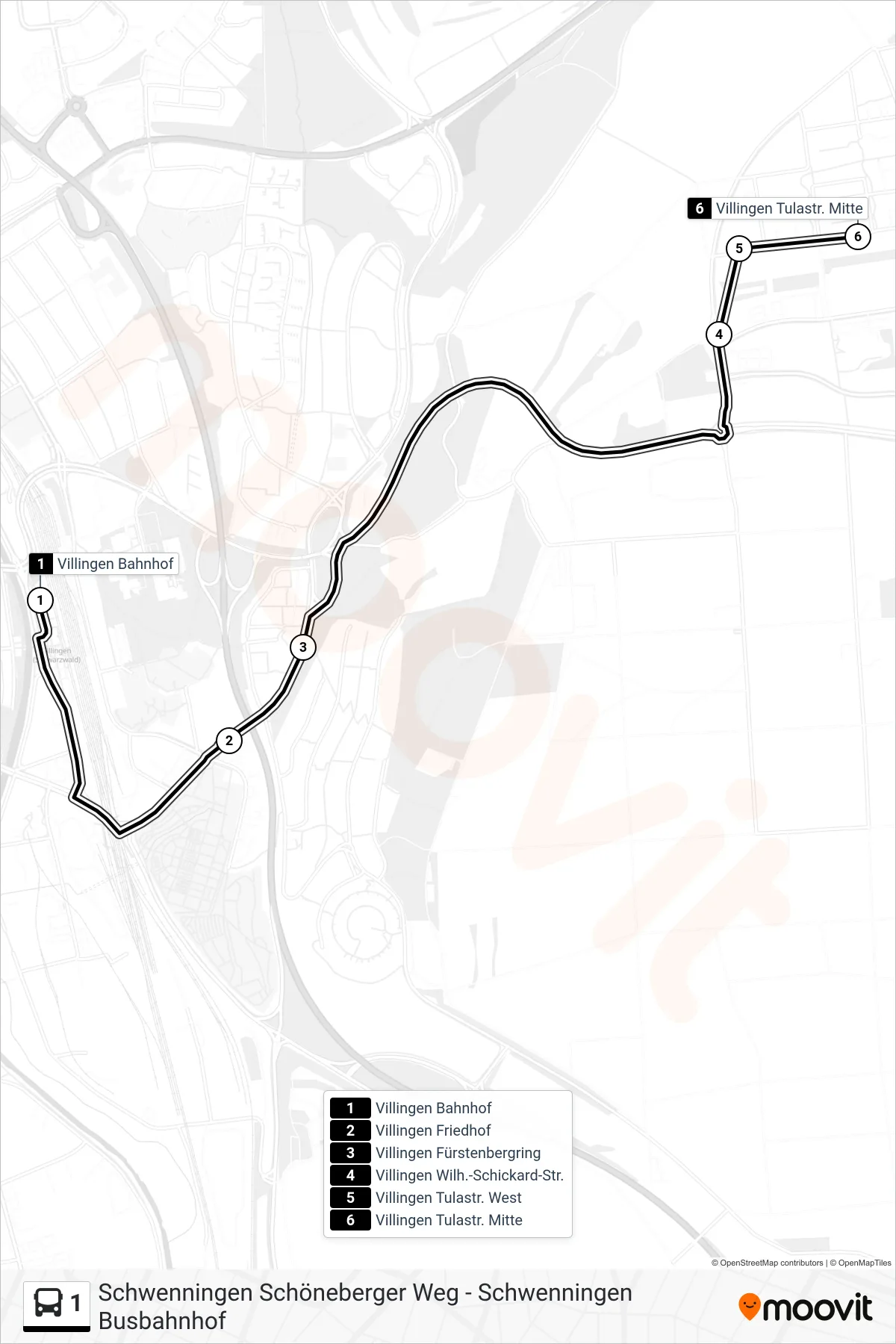 1 bus Line (Villingen Tulastr. Mitte) route and stops on a map