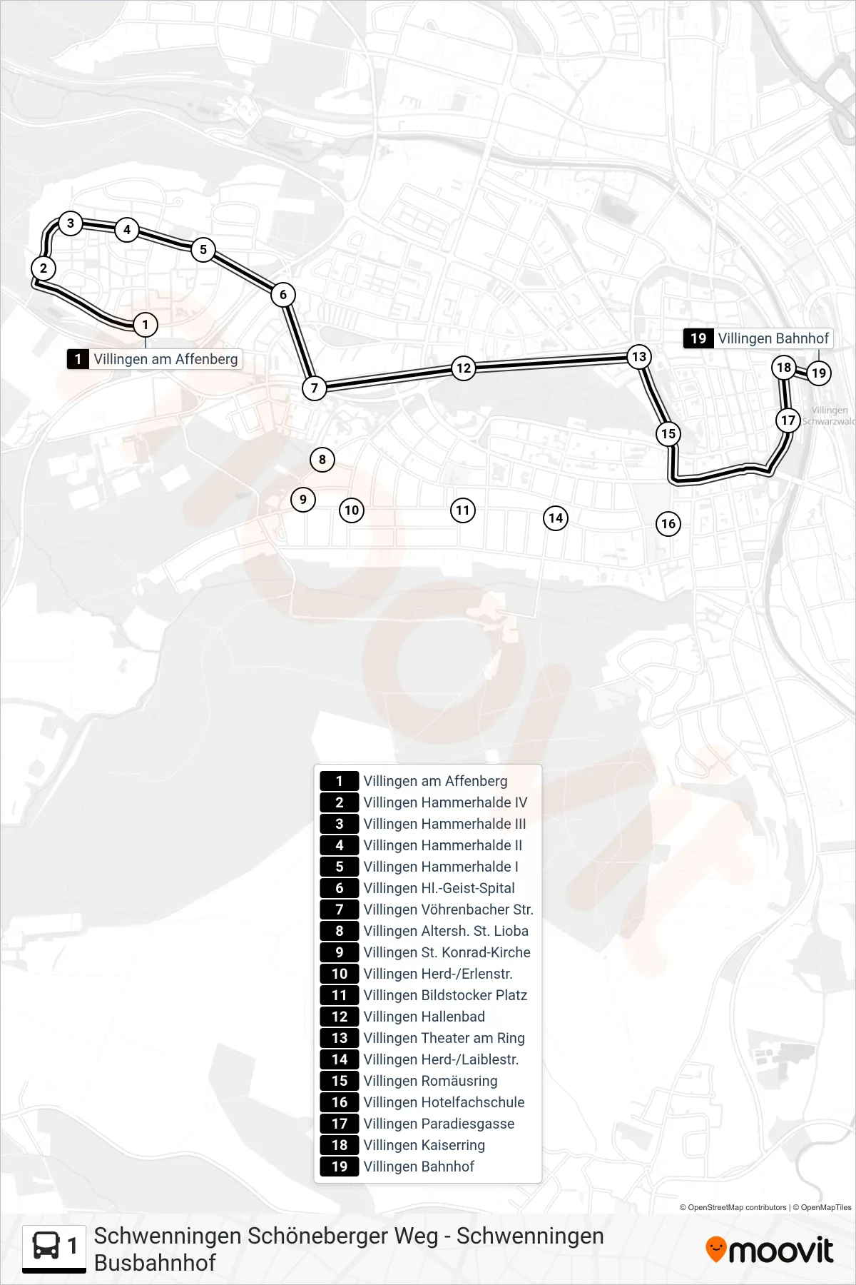 1 bus Line (Villingen Bahnhof) route and stops on a map