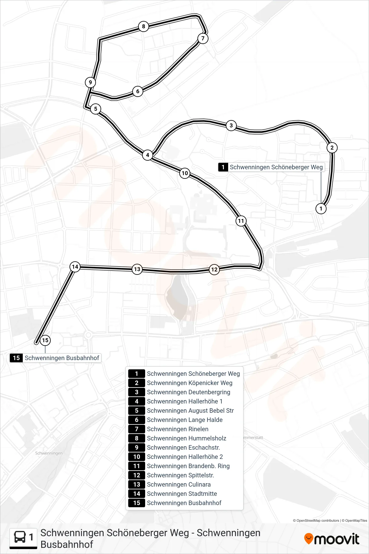 1 bus Line (Schwenningen Busbahnhof) route and stops on a map