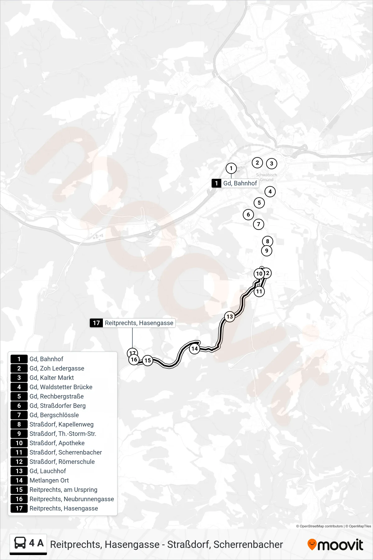Linie 4 A (Tram) Richtung Reitprechts, Hasengasse: Route und Haltestellen auf der Karte