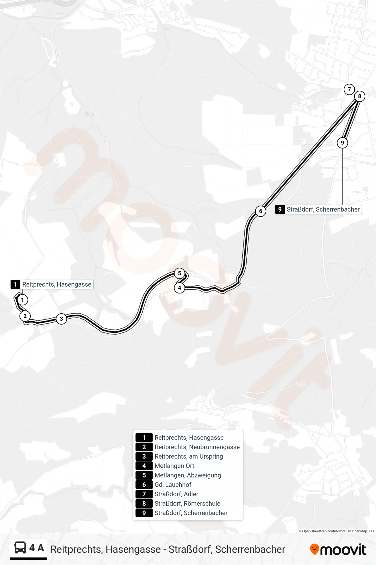 4 A tram Line (Straßdorf, Scherrenbacher) route and stops on a map