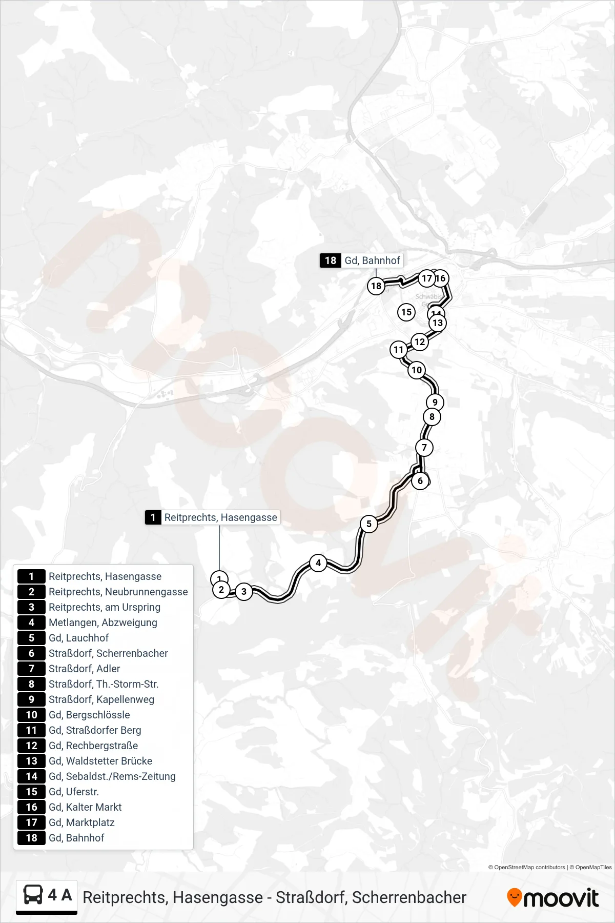 4 A tram Line (Gd, Bahnhof) route and stops on a map