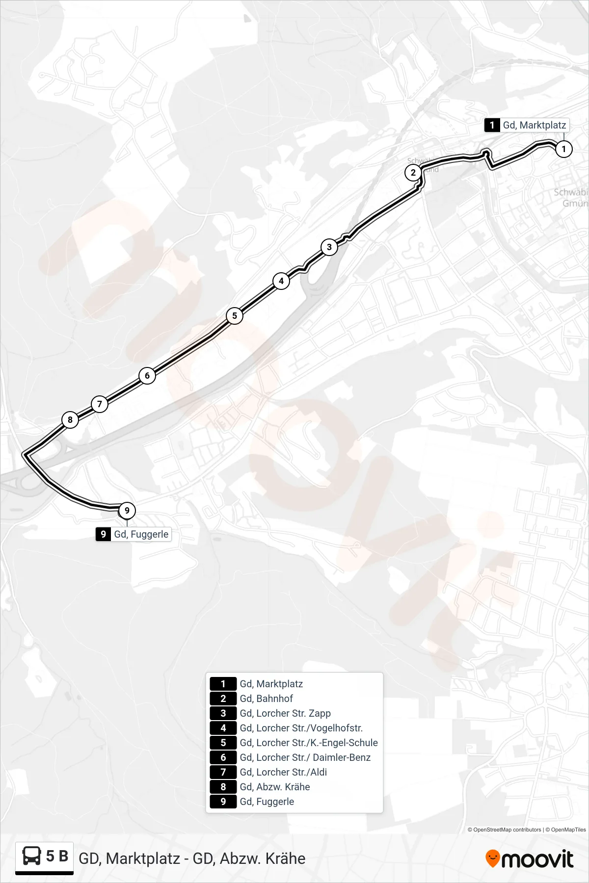 5 B tram Line (Gd, Fuggerle) route and stops on a map