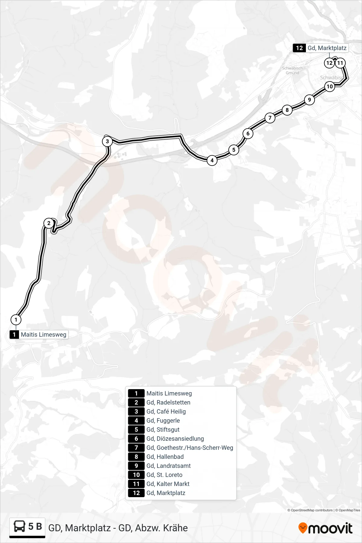 5 B tram Line (Gd, Marktplatz) route and stops on a map