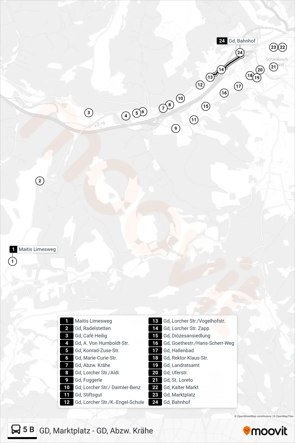 Linie 5 B (Tram) Richtung Gd, Bahnhof: Route und Haltestellen auf der Karte