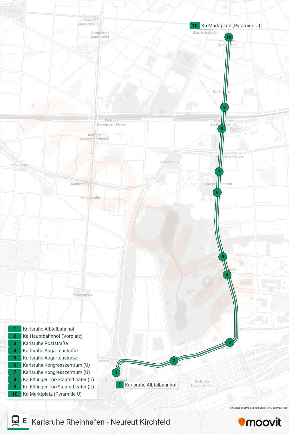 E rail Line (Ka Marktplatz (Pyramide U)) route and stops on a map
