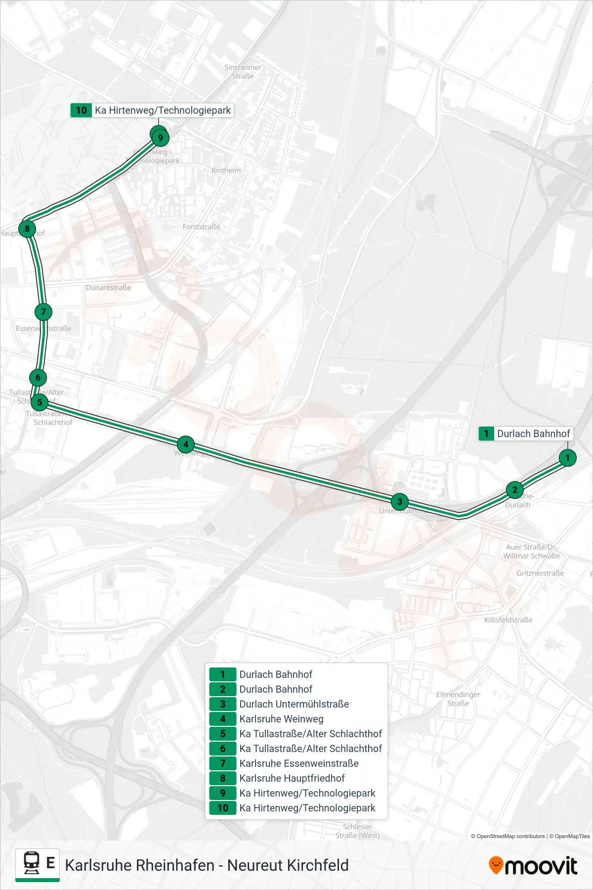 Linie E (Bahn) Richtung Ka Hirtenweg/Technologiepark: Route und Haltestellen auf der Karte