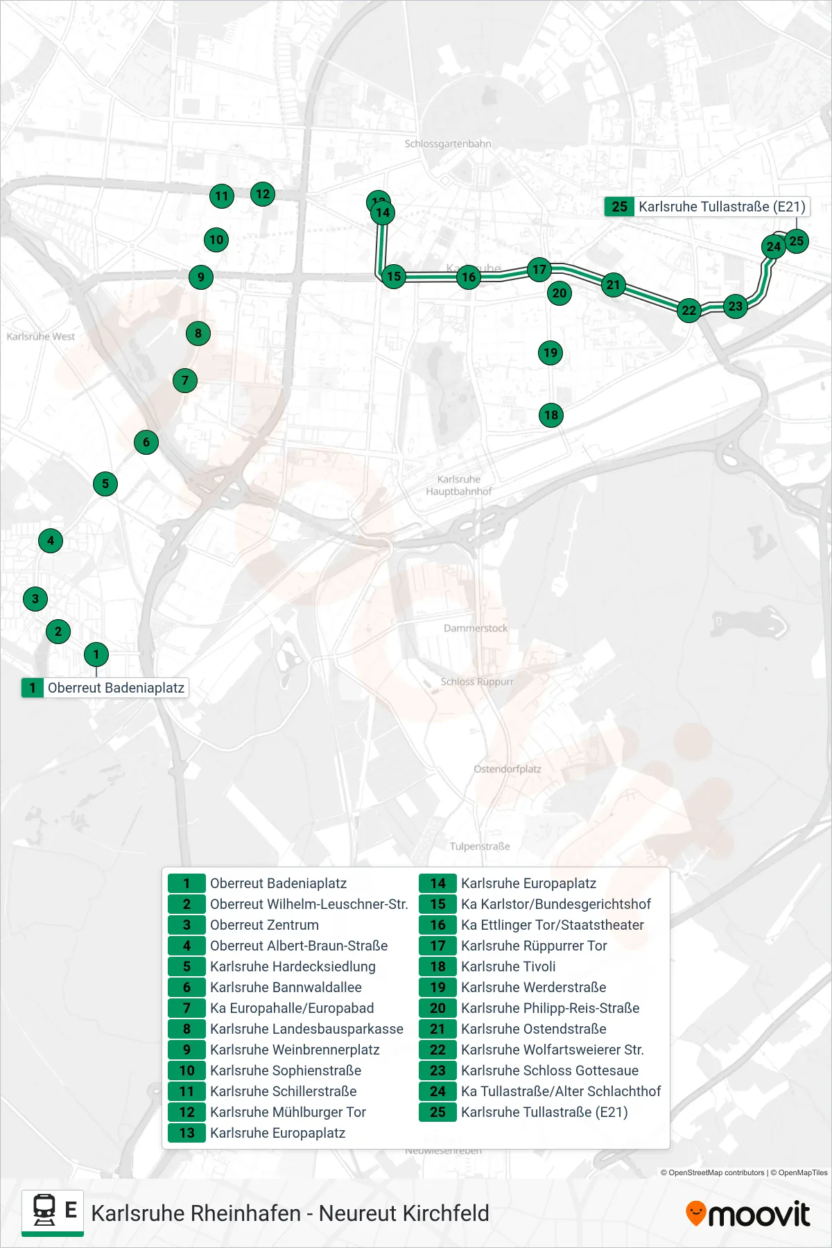 E train Line (Karlsruhe Tullastraße (E21)) route and stops on a map