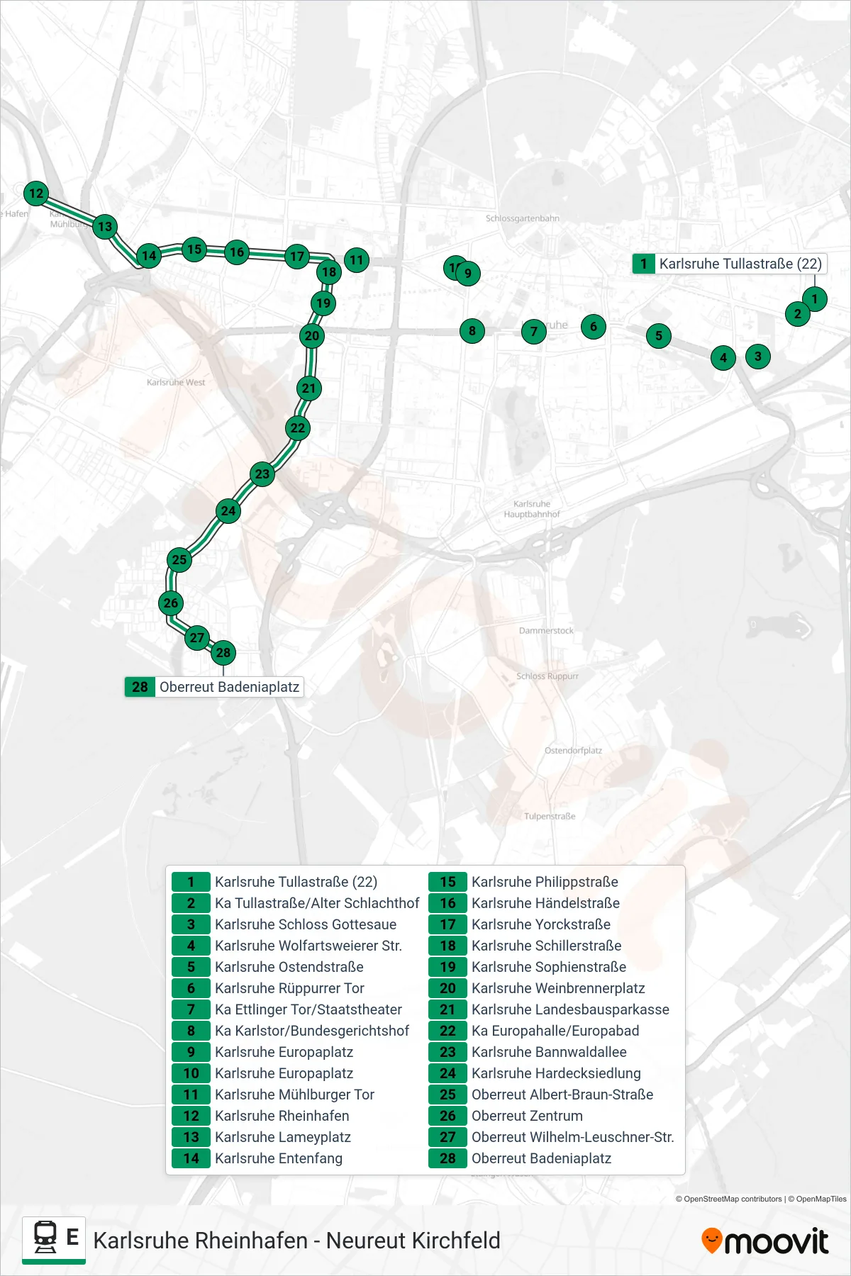 E rail Line (Oberreut Badeniaplatz) route and stops on a map
