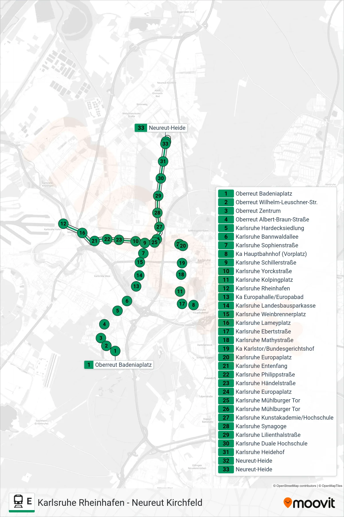 Linie E (Bahn) Richtung Neureut-Heide: Route und Haltestellen auf der Karte